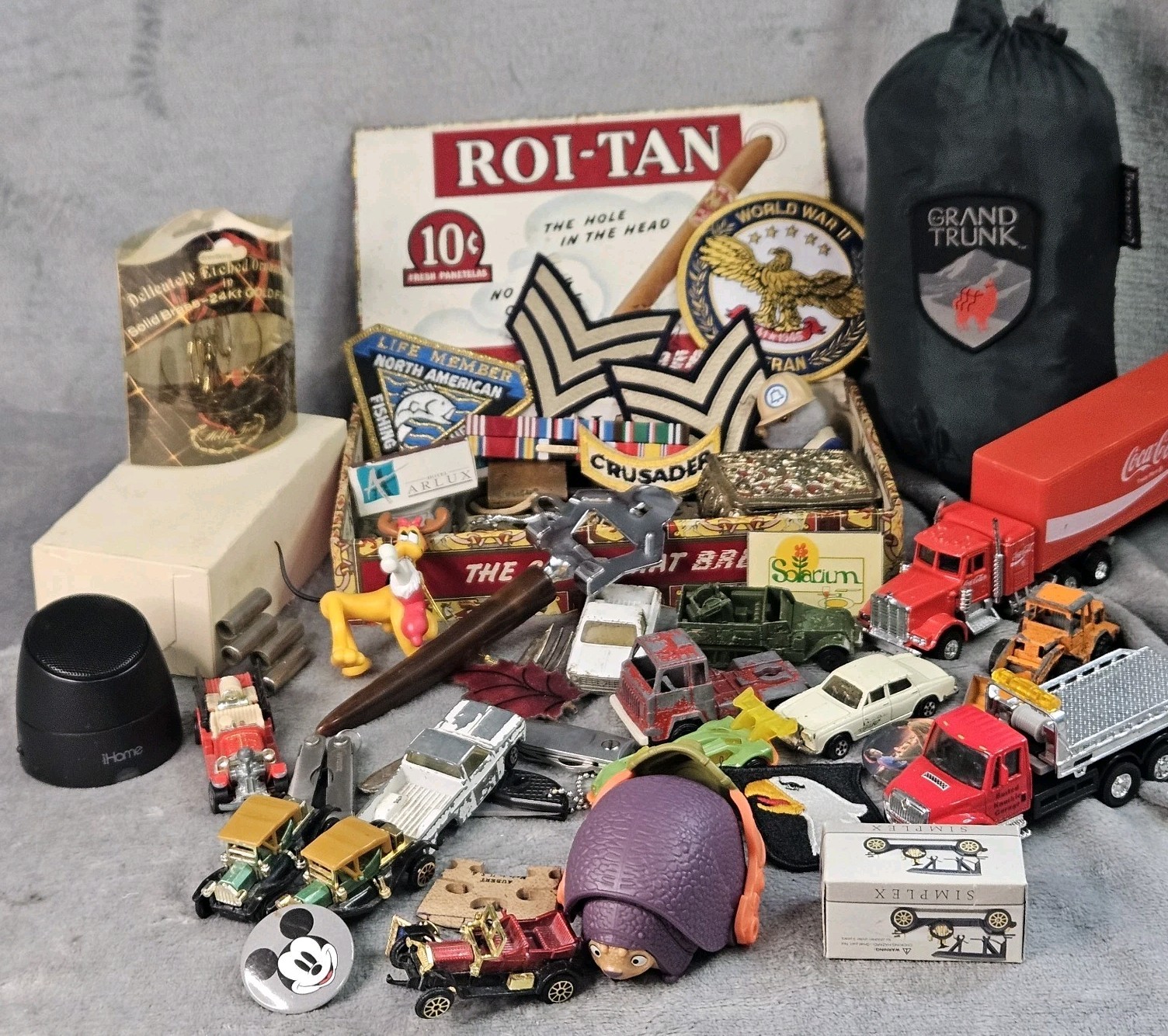 Huge VTG Junk Drawer Lot Skeleton Keys Cigar Box Bakelite Ertl Hammock Cars More