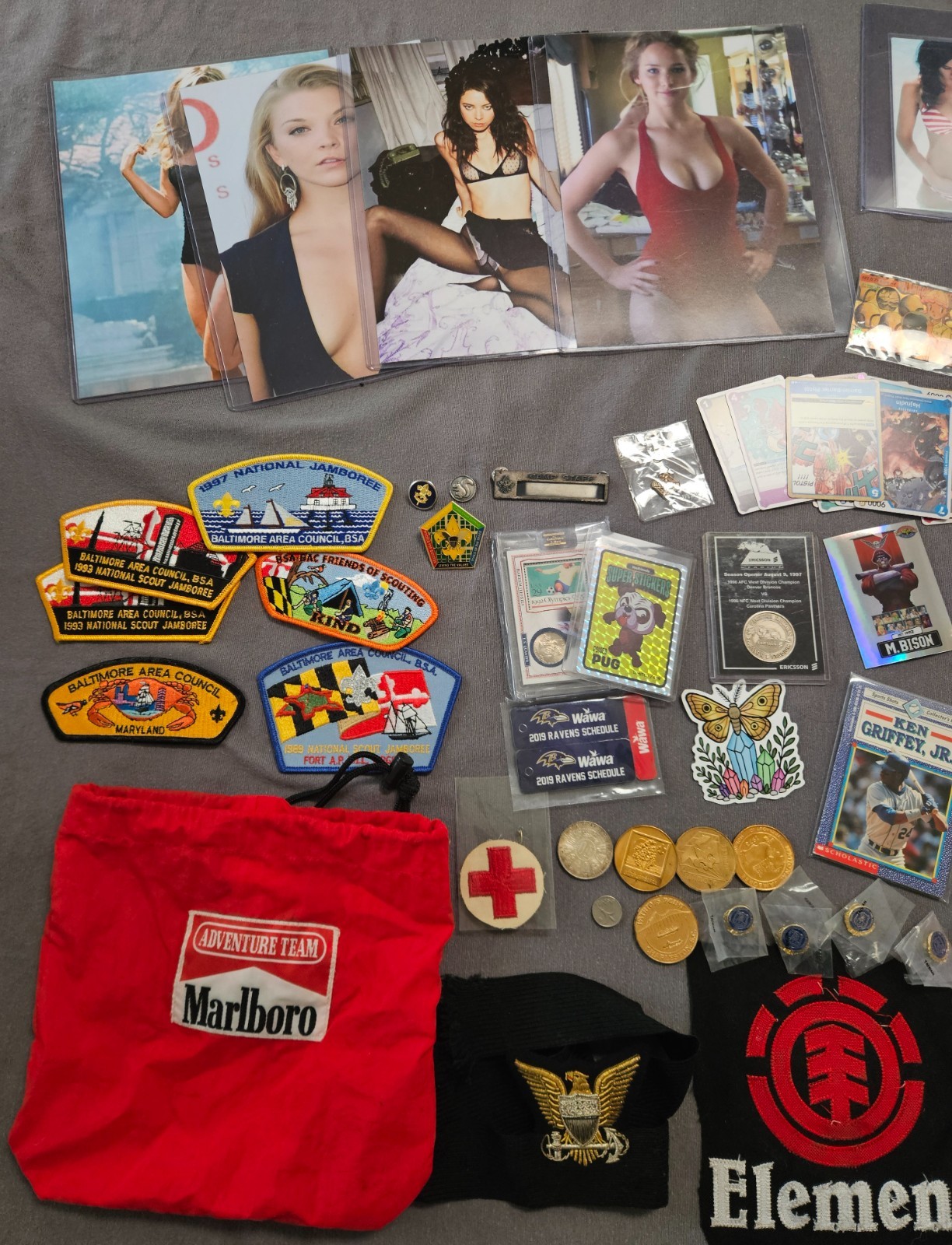 Grandpas Old Junk Drawer Lot of Coins Patches Pin Ups Cards Collectibles Etc