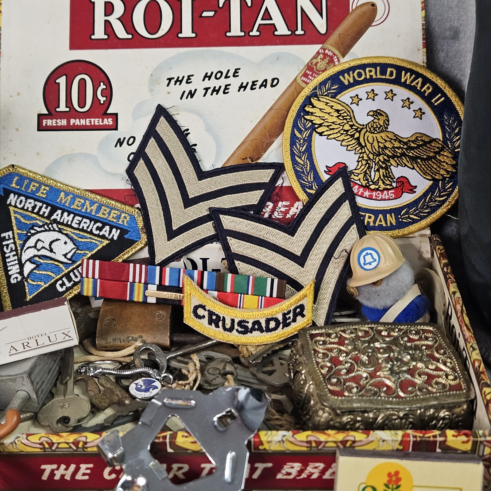 Huge VTG Junk Drawer Lot Skeleton Keys Cigar Box Bakelite Ertl Hammock Cars More