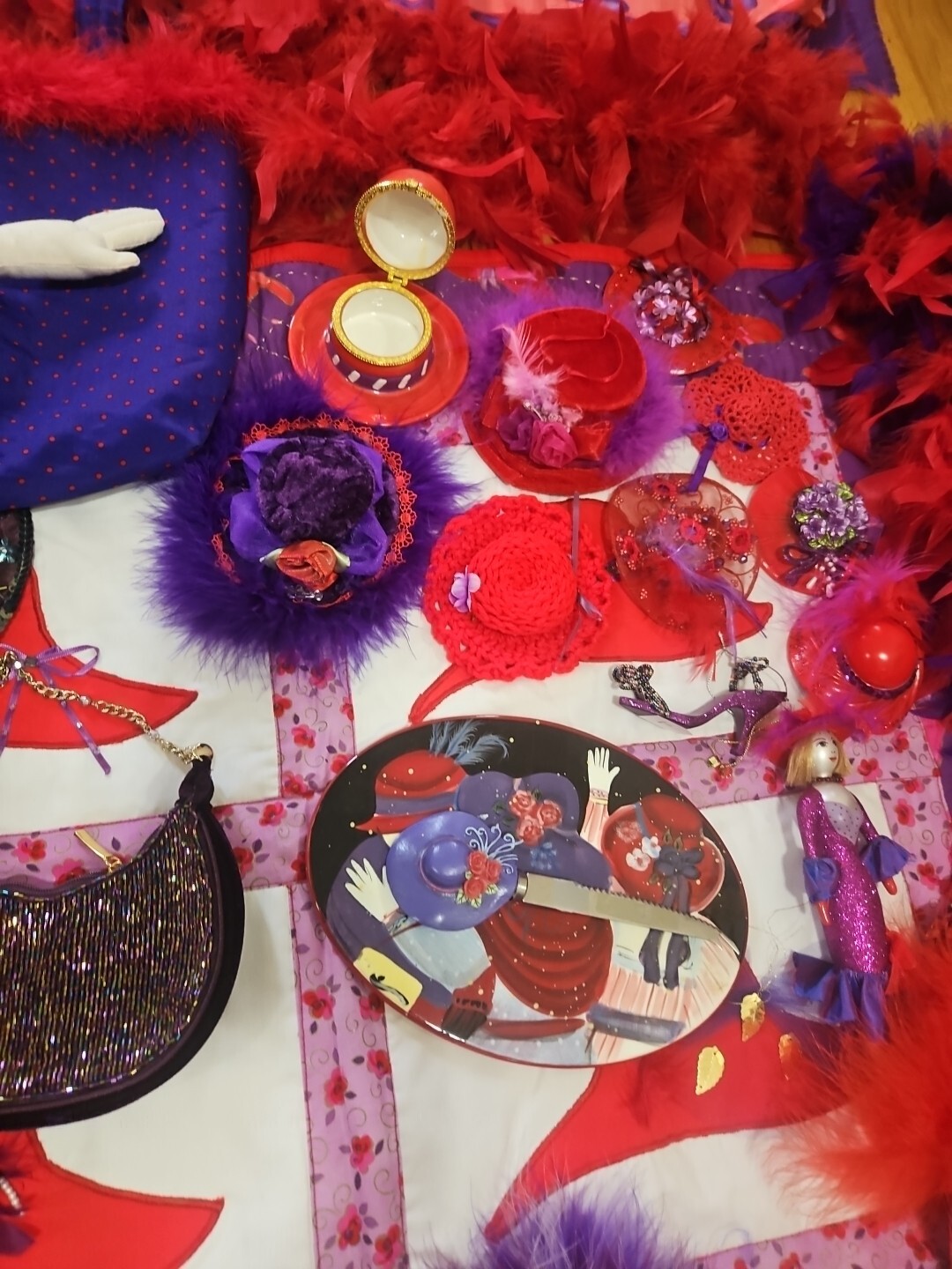 Huge Lot Red Hat Society Jewellry Pins Ornaments Feather Boas Handbags Doll