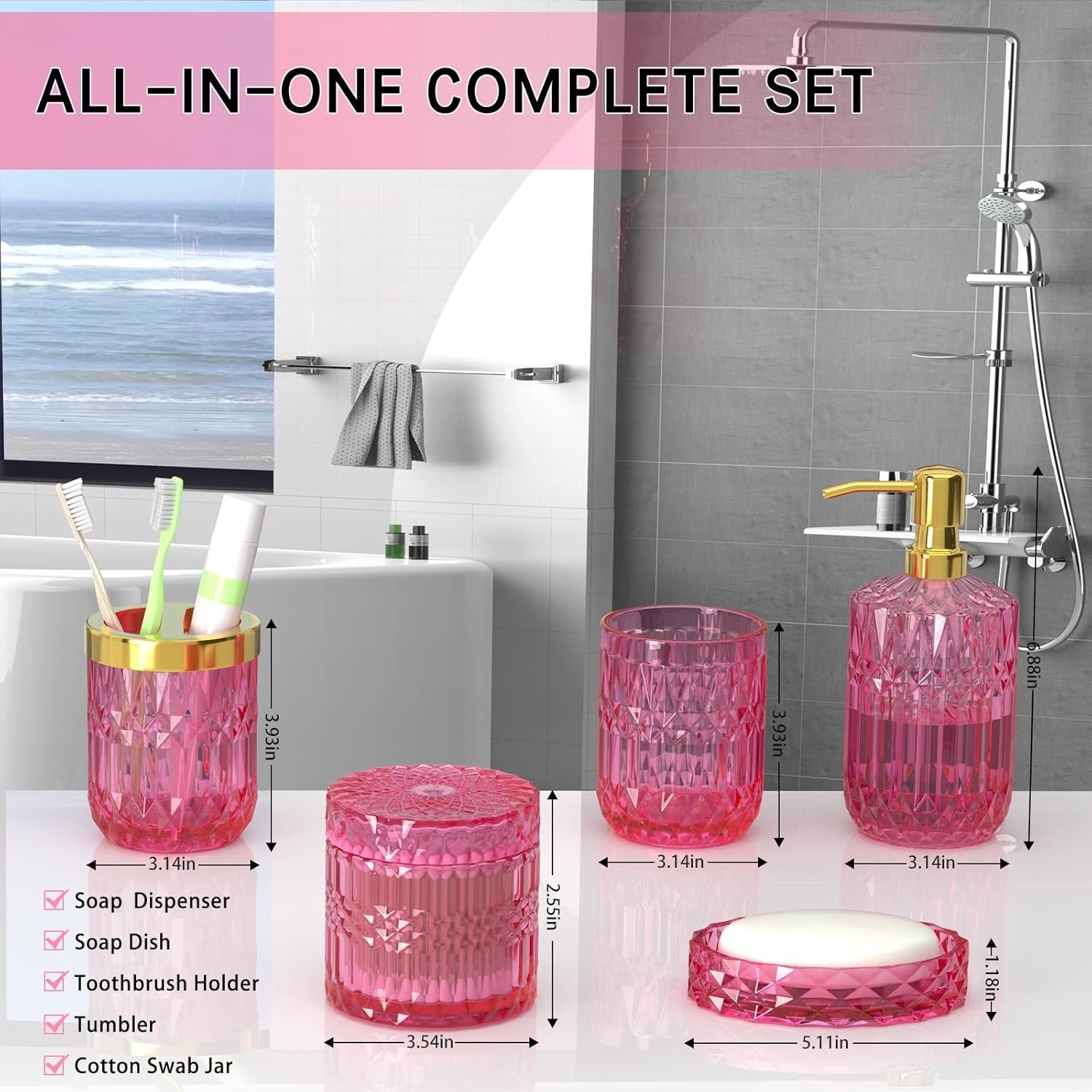 Hot-Pink Glass Bathroom Accessories Set 5 Pcs, Hot-Pink Bathroom Set, Soap …..