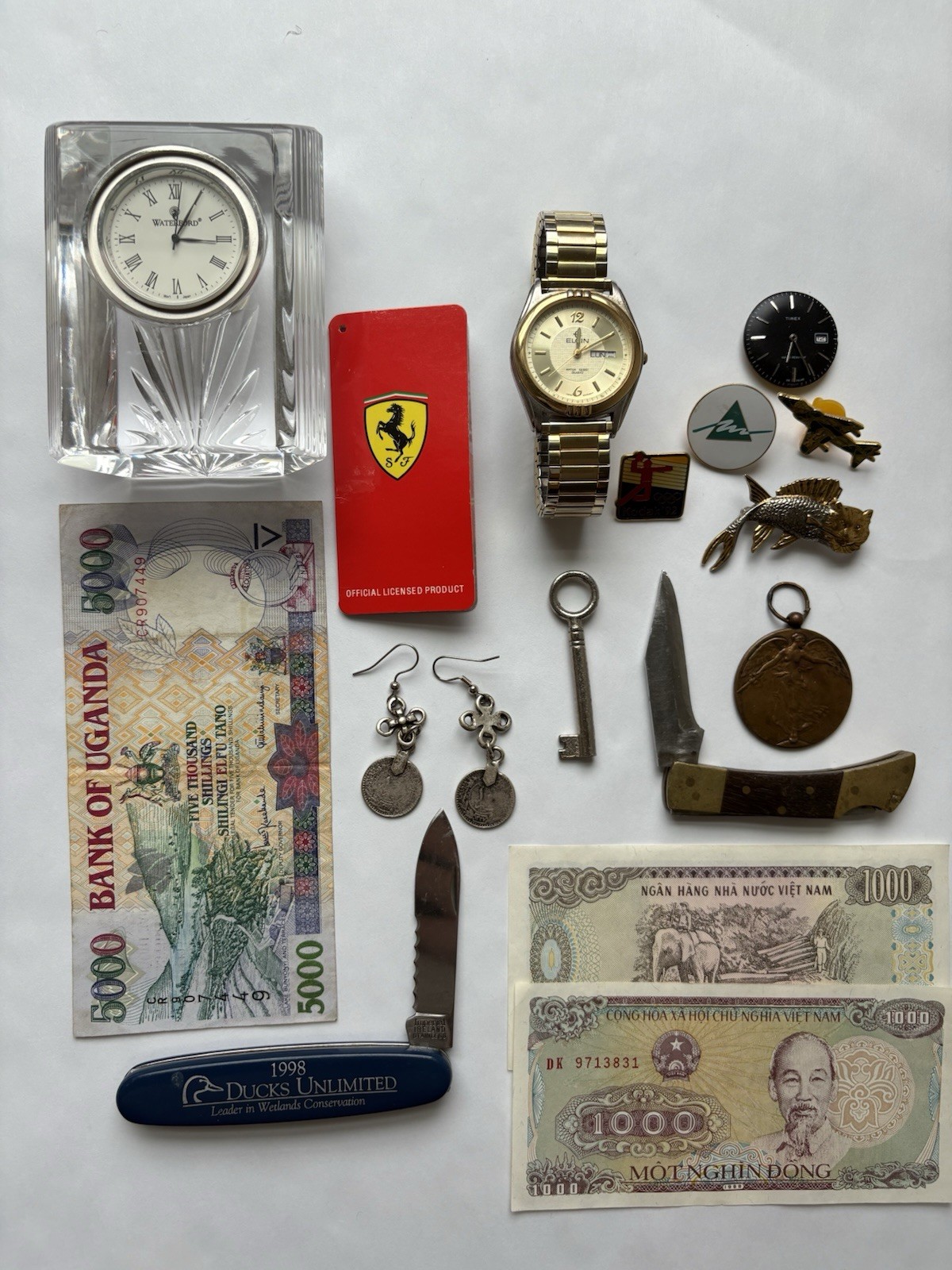 Junk Drawer Lot Antique Vintage Knives Trinkets Coins Watches Pins Currency