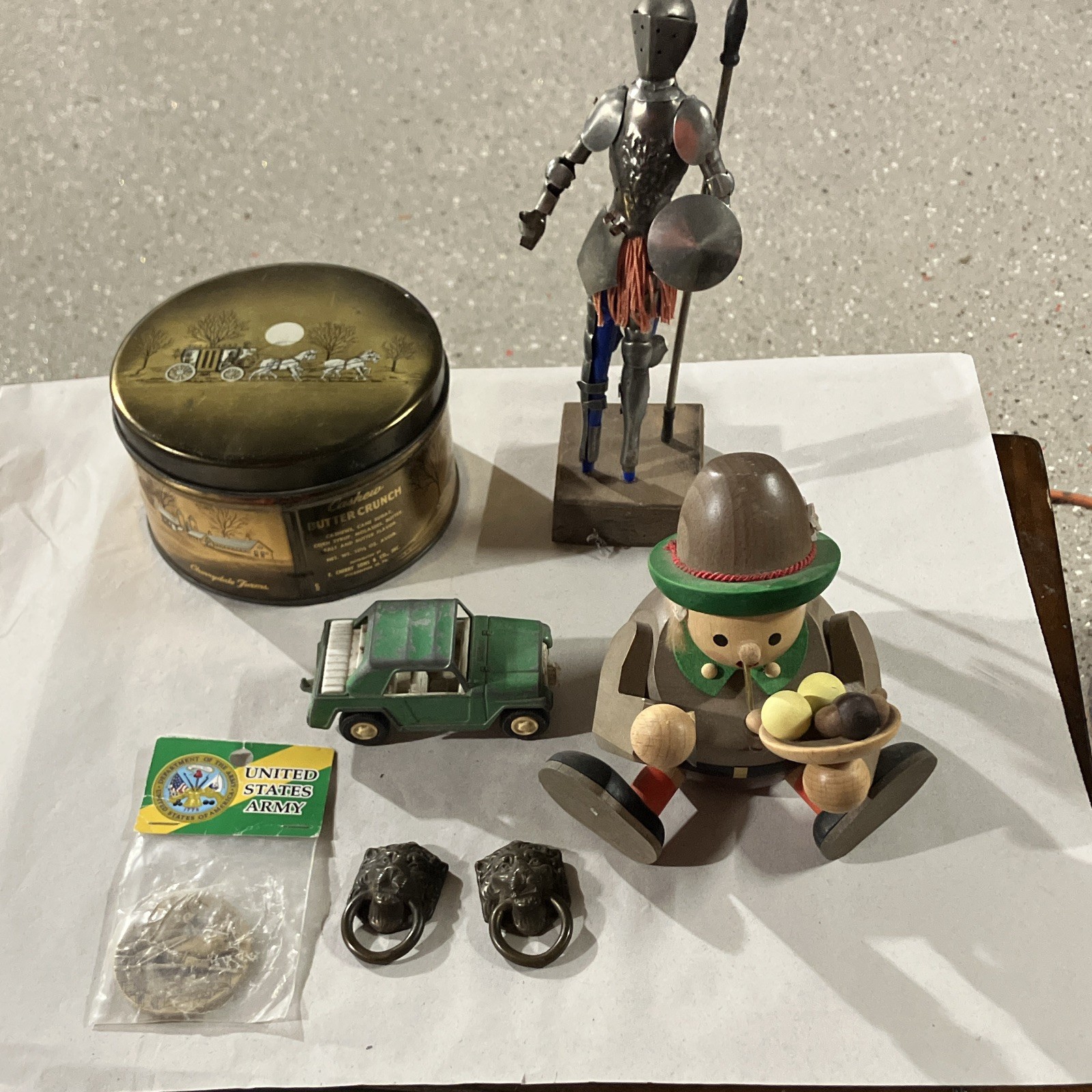 Vintage Collectibles Lot Tin, Knight Figure, Wood Smoker, Toy Truck/Car, Pins