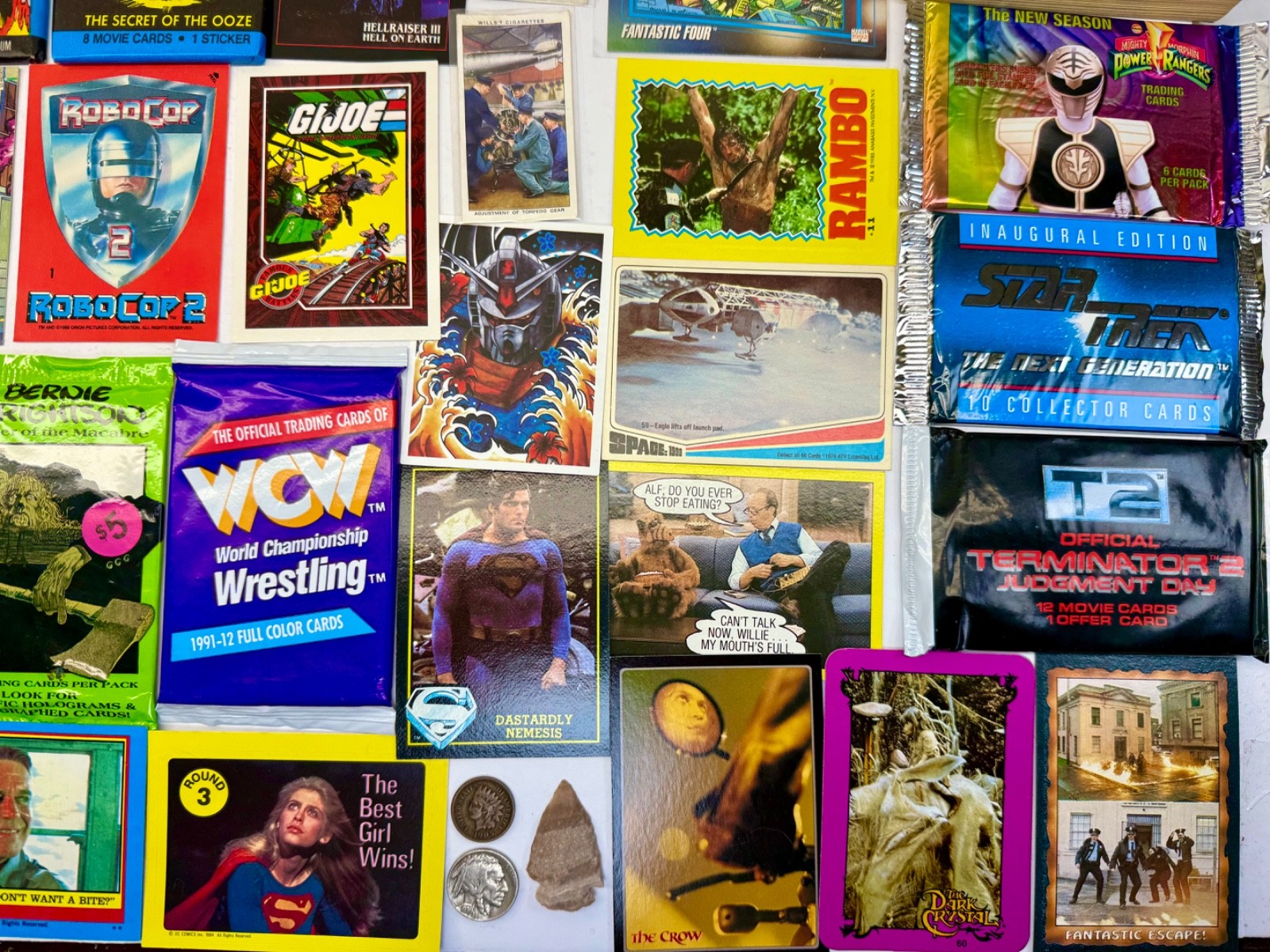 Junk Drawer Lot Non-Sports Cards Packs Marvel Clockwork Orange Go Bots US Coins