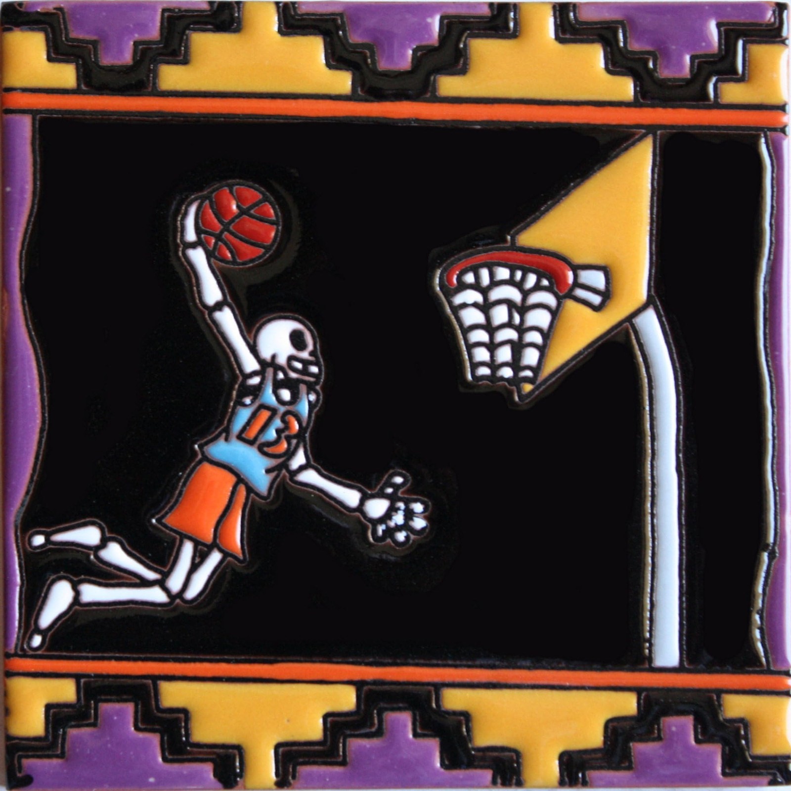 Fine Crafts Imports Basketball Player Day Dead Clay Tile Multicolor 6×6 6 Inch