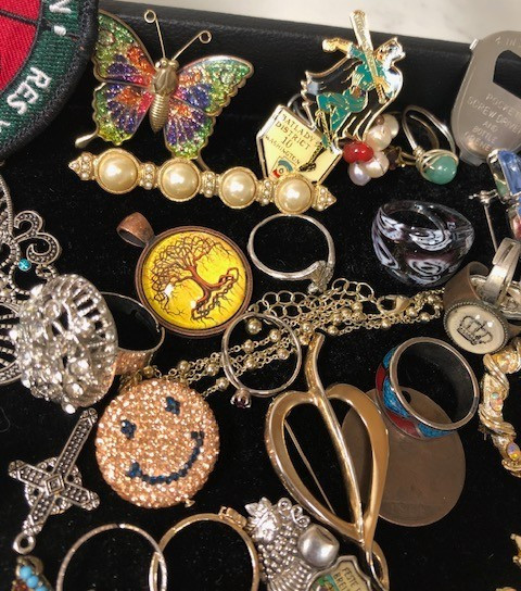 Junk Drawer Lot estate coins pins silverplated stopper keys pendant brooch rings