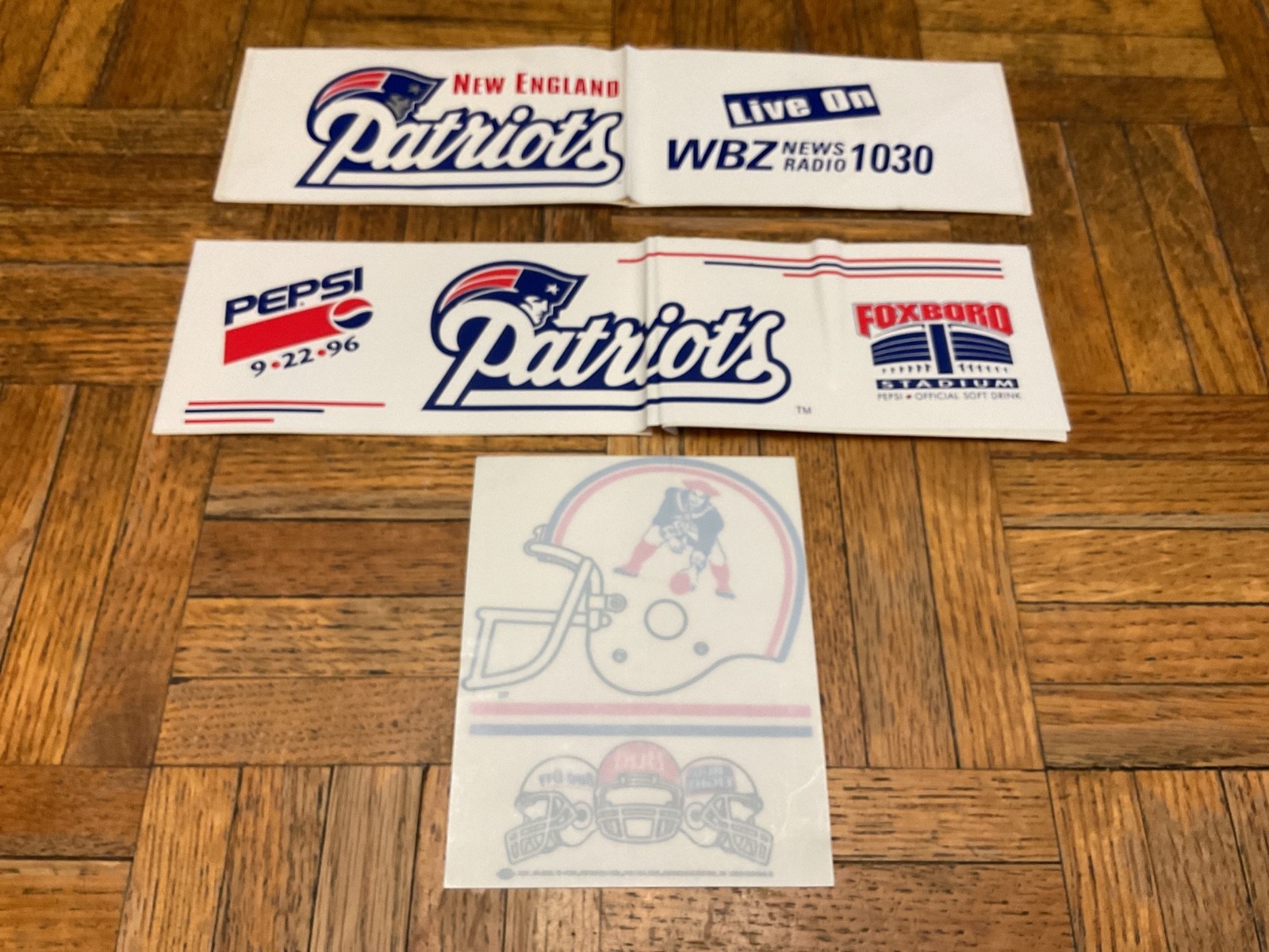 3 different New England Patriots bumper stickers (2) and decal (1)