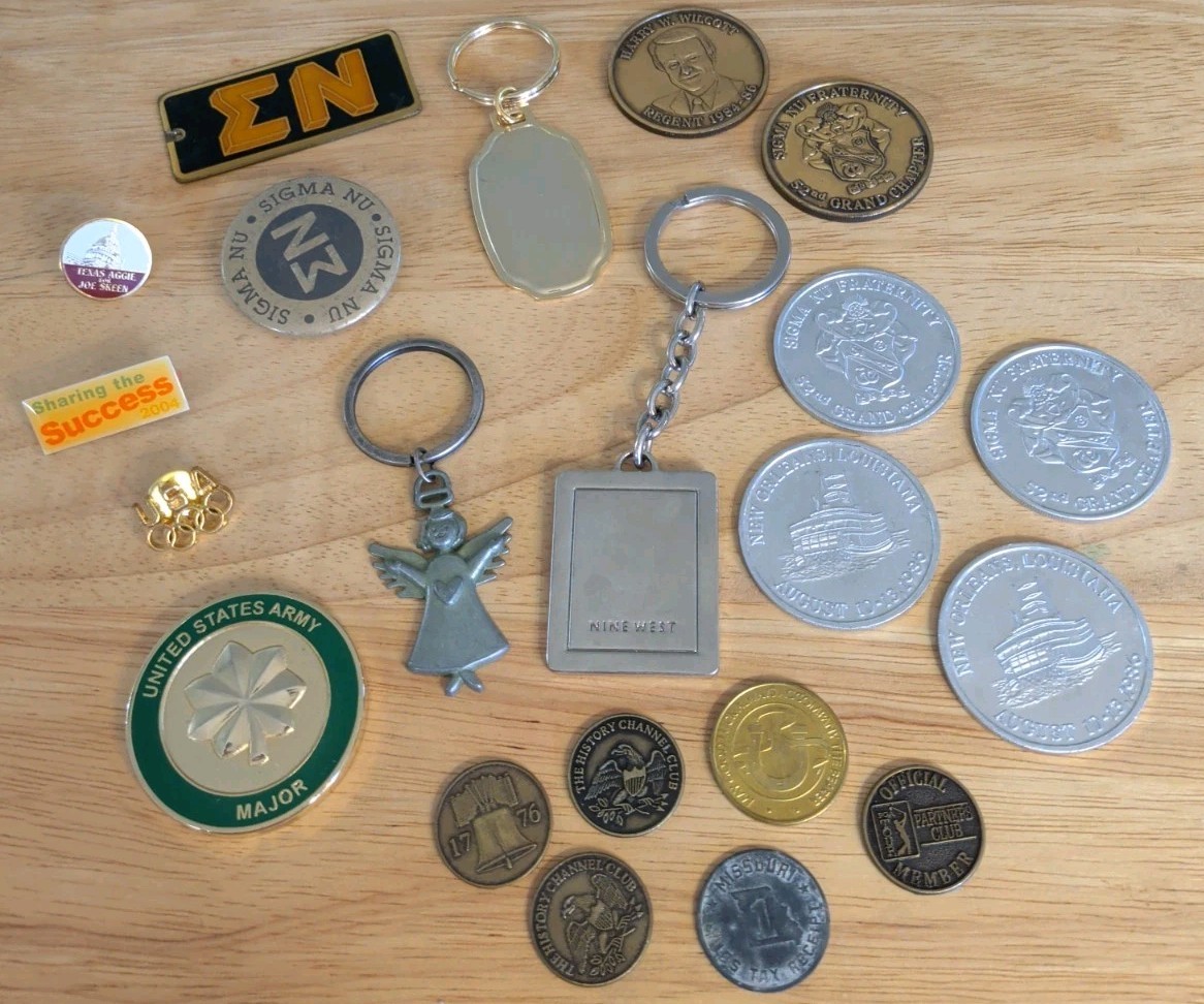 VTG To Now Mix Lot~Keychains, Hat Pins, College Fraternity, Military, Medallions