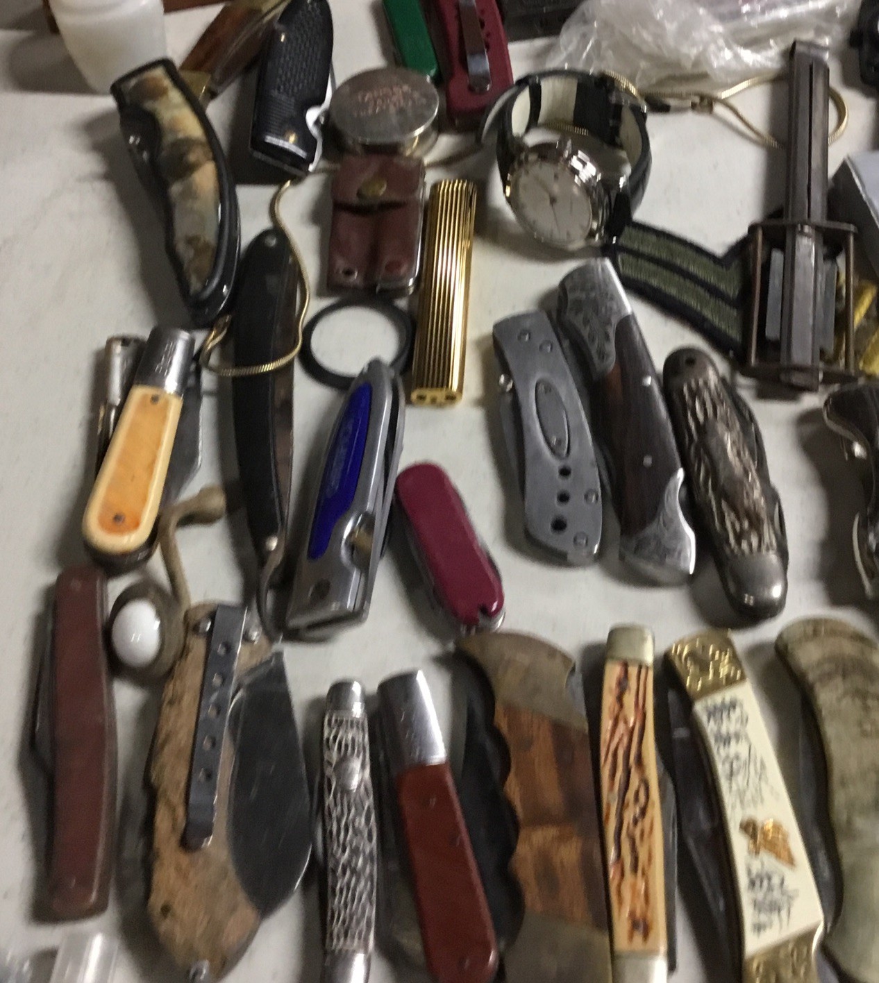 JUNK DRAWER lot Militaria Watches Knives Lighters Coins Tokens Vial of Gold