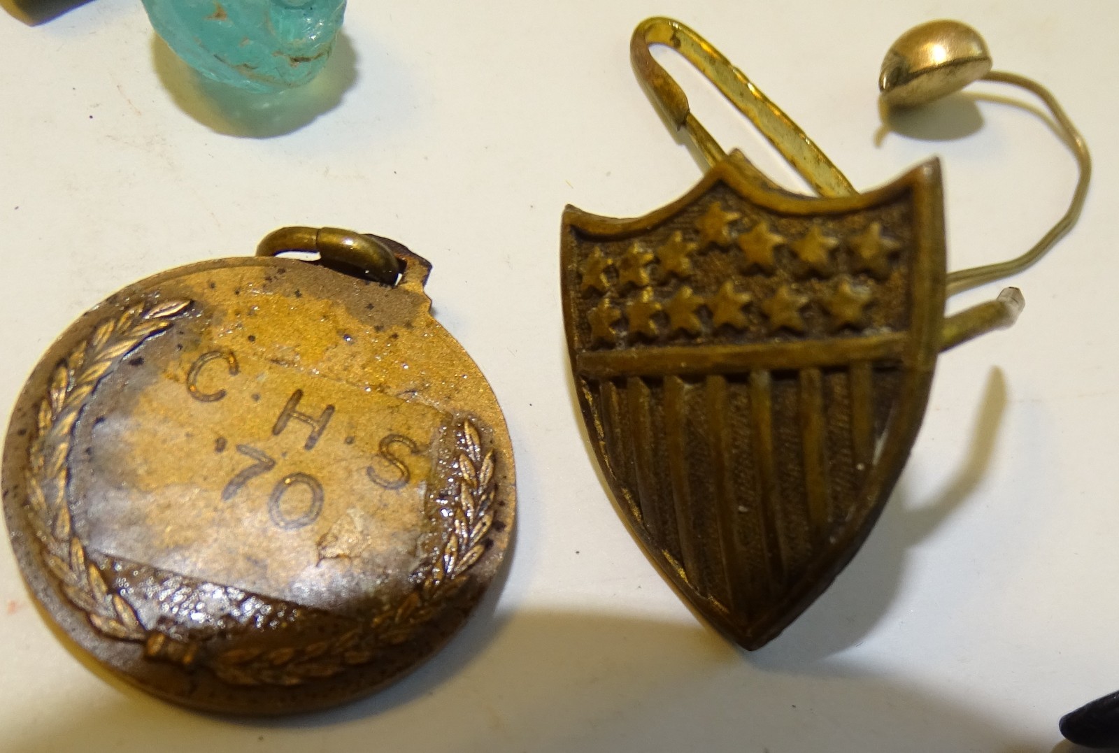 Junk found at estate sale; button hook, Keys, Rings, Shield Pin, Boot Charm, etc