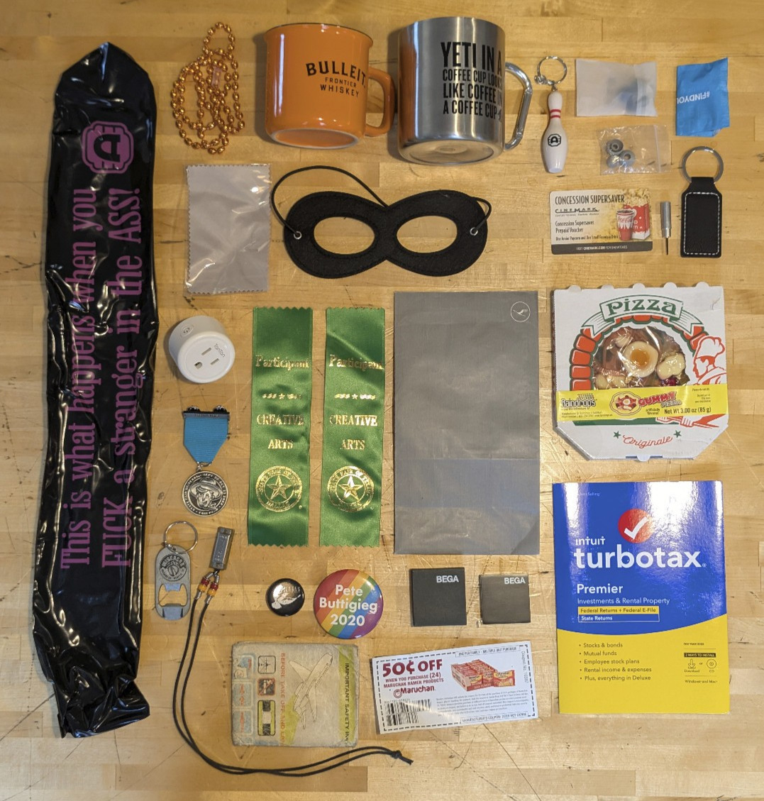 Junk Drawer Lot — mugs, wifi power outlet, mini-harmonica, wallet, etc