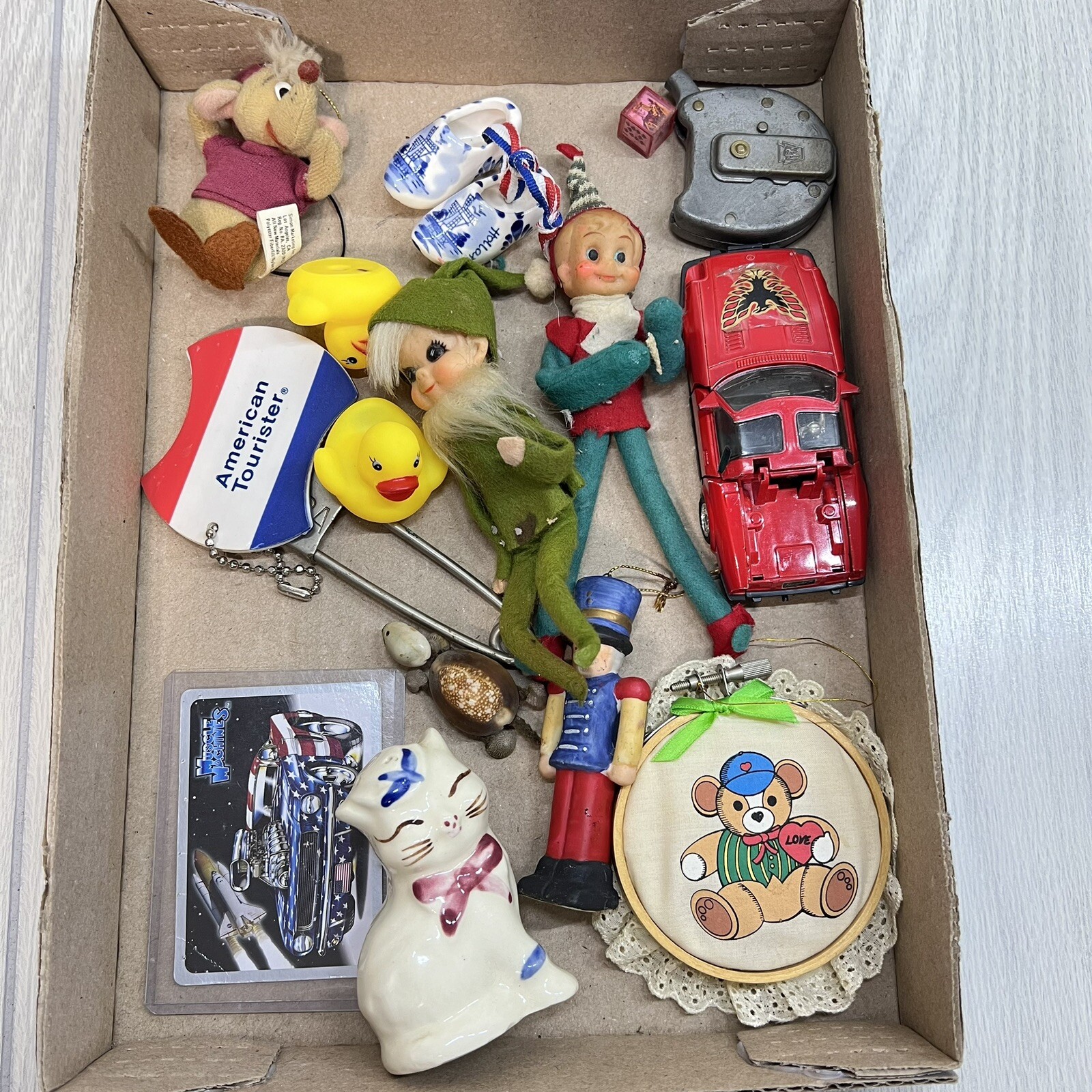 Junk Drawer Lot Christmas Ornaments Kitty Ducks Car Cat Figurine Luggage Tag