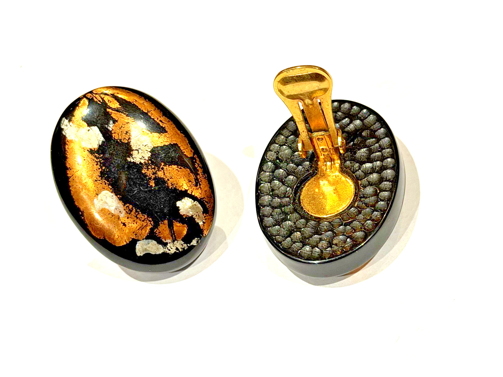 BLACK LACQUER GOLD LEAF FOIL SILVER COPPER RHINESTONE CLIP ON EARRINGS MCM LOT 3