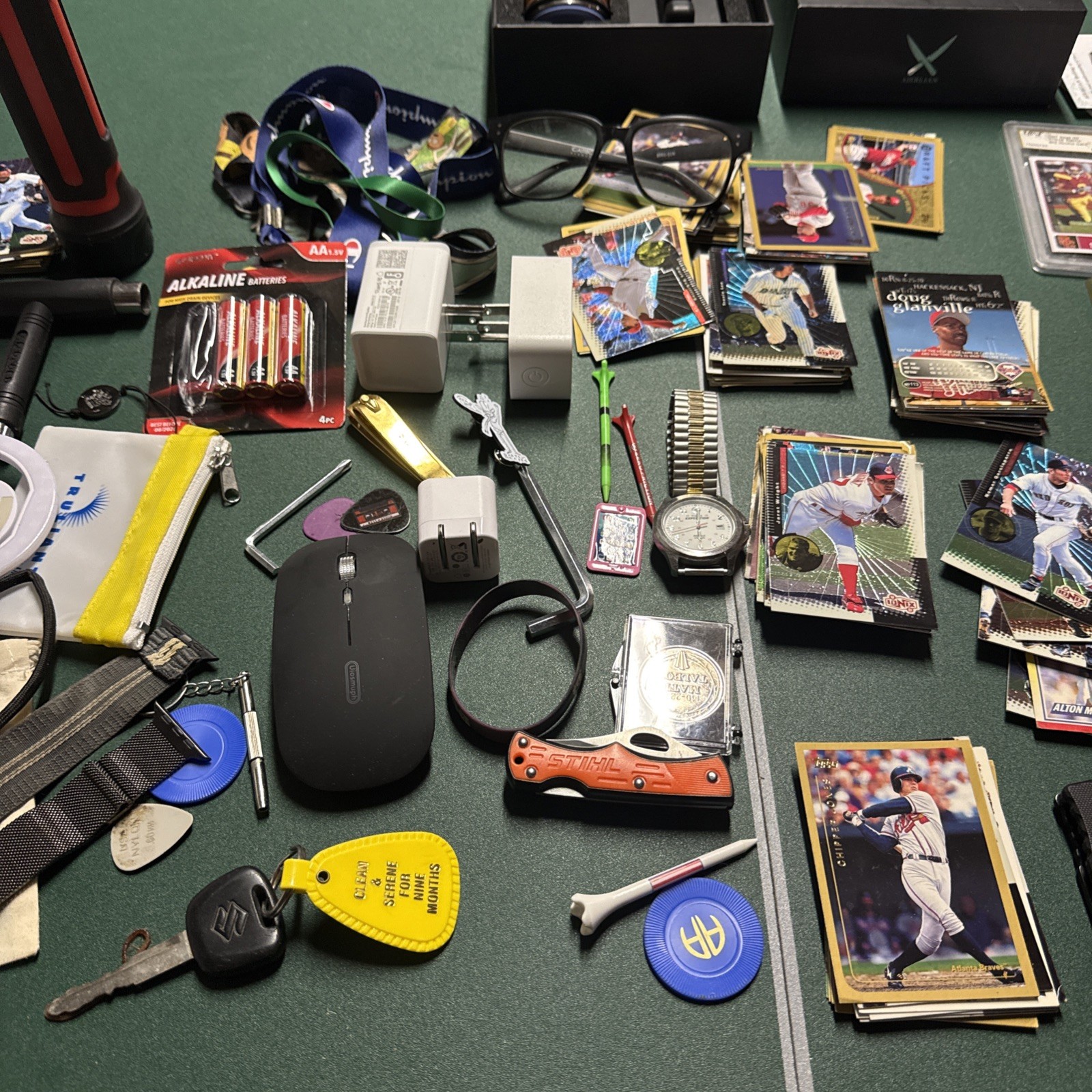 Large Junk Drawer Lot Knives Multitool Cards Stevie Smith Slab Wallet Flashligh