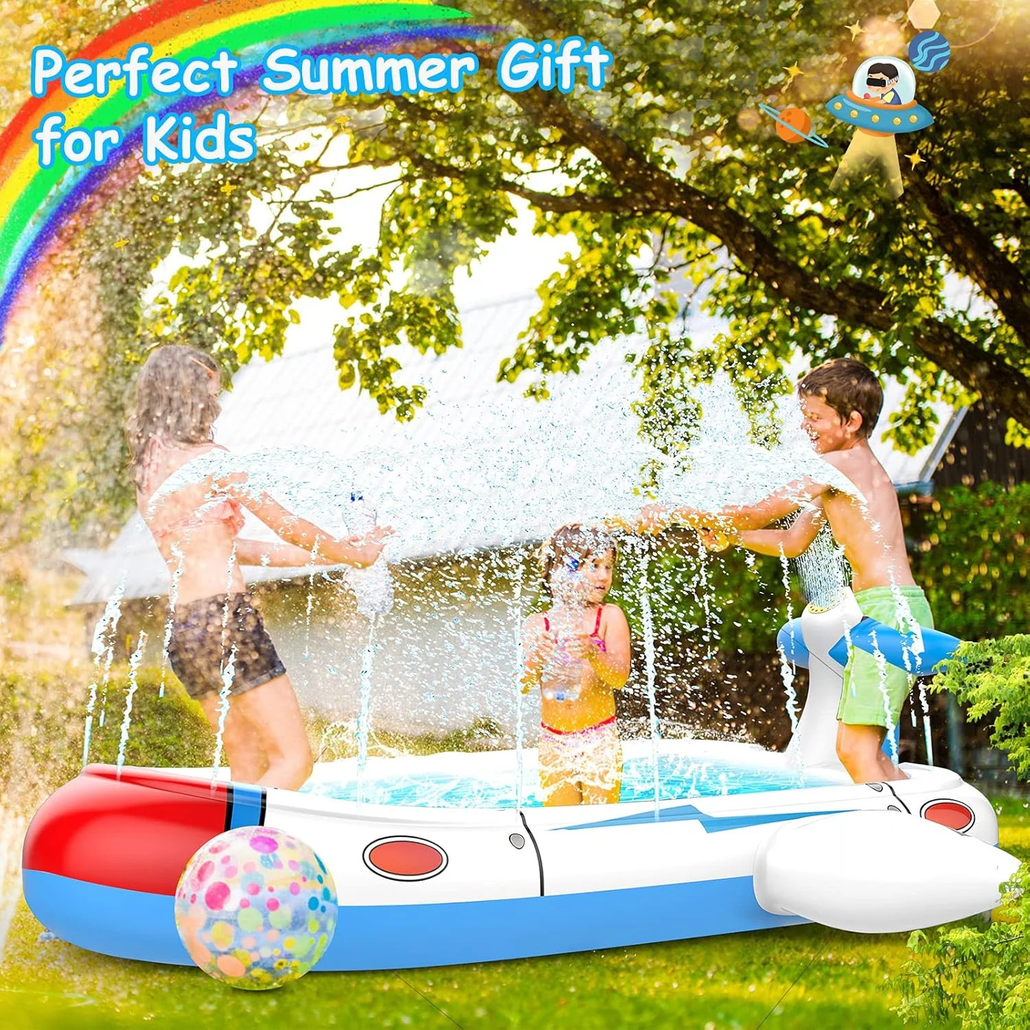 Kiddie Pool Splash Pad for Kids 68″ x 38″ x 21.5″ | 3-in-1 Inflatable Sprinkler
