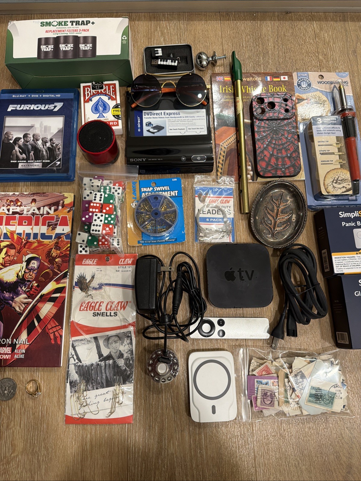 Mixed Junk Drawer Lot Comic Book, Coin, Jewelry, Stamps, And More