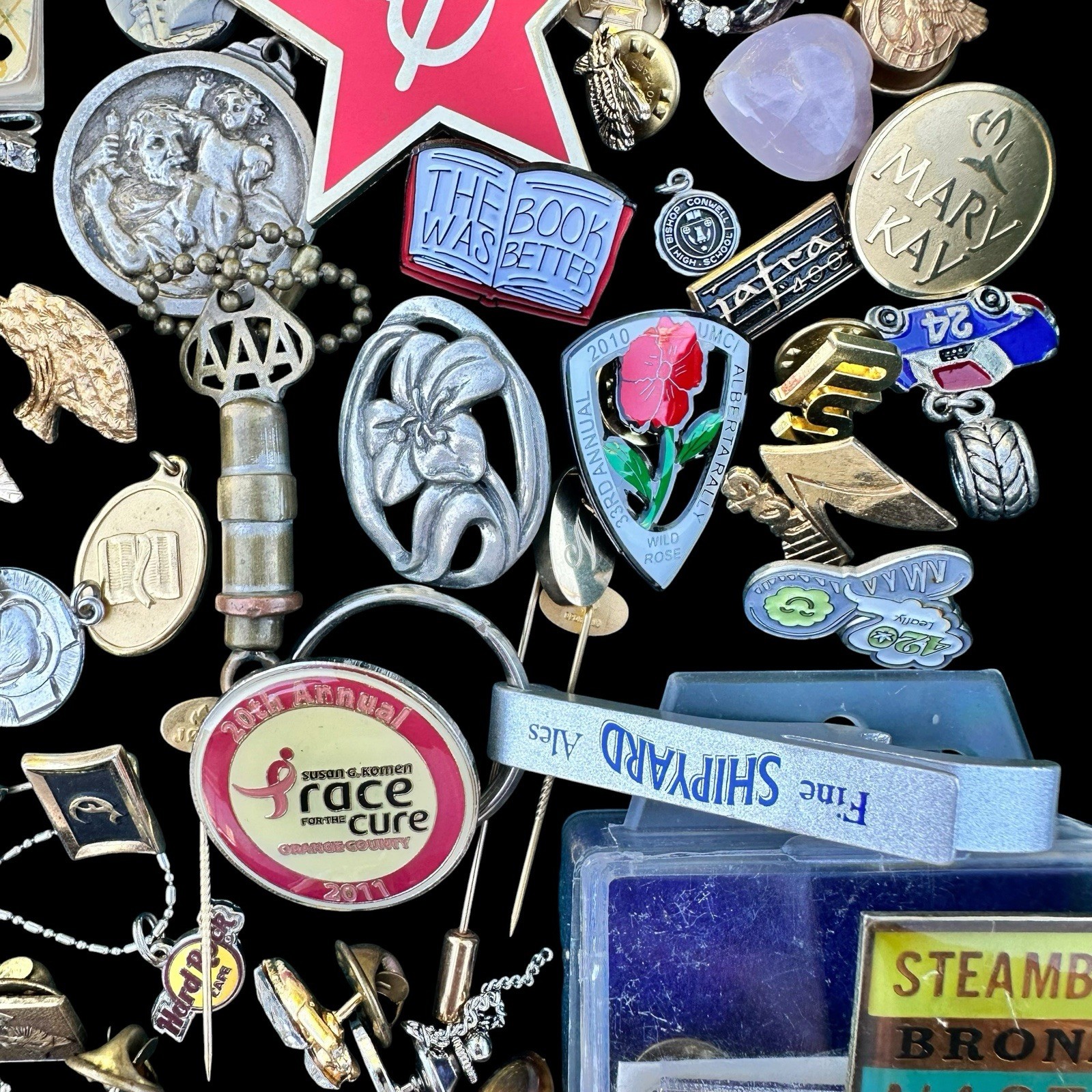 Vintage Junk Drawer Lot Lapel Pins Money Clip Keychain Trinkets Collectible 2 Lb