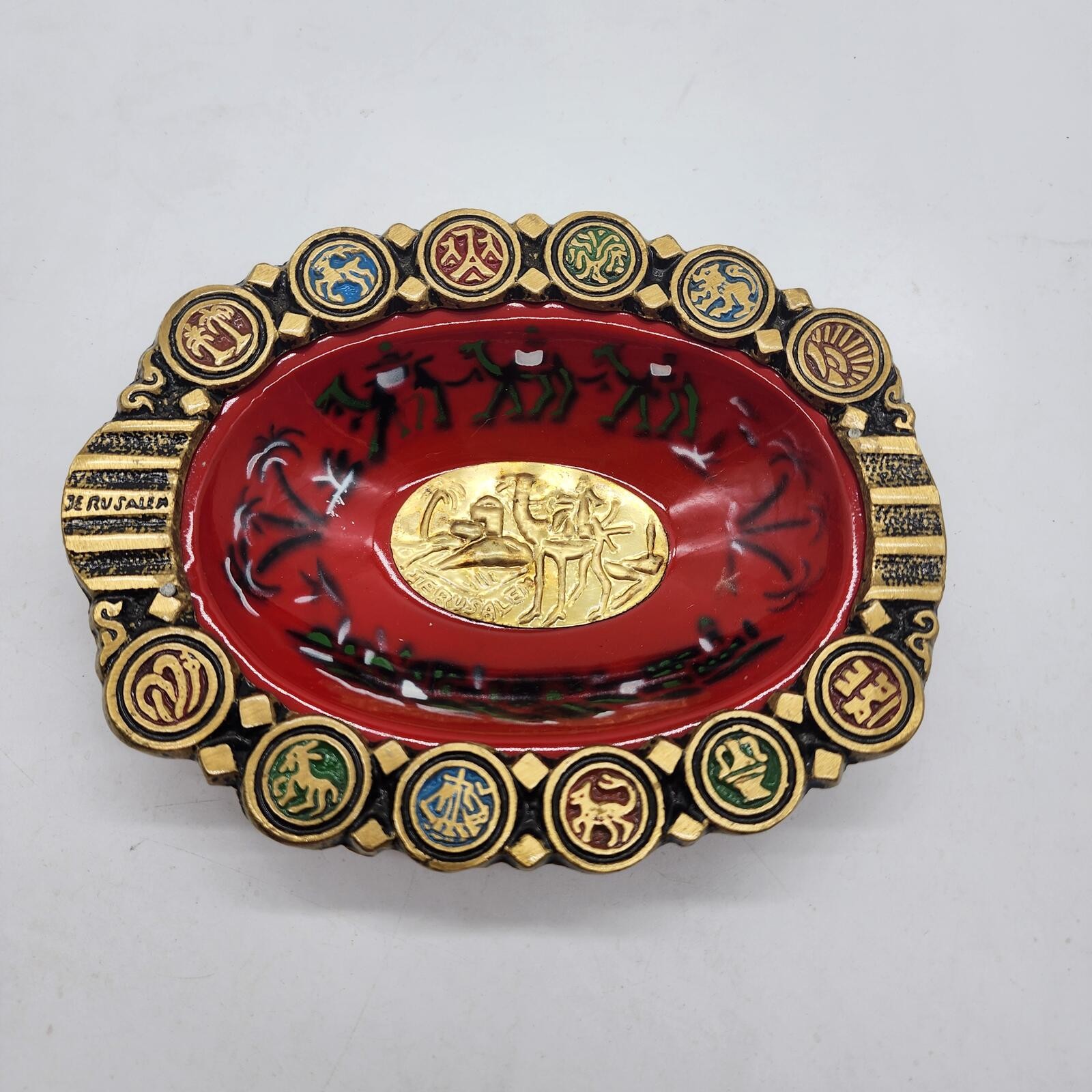 Vintage Greek Mythology Plaque Trinket Dish Red Gold Classical Chariot Scene