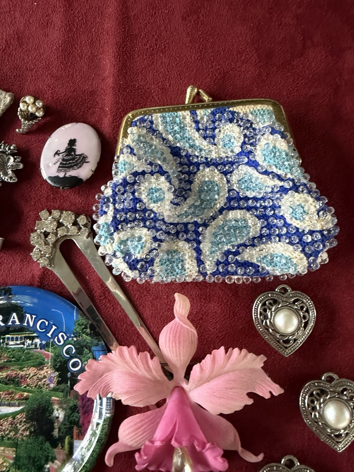 Grandma VTG-Now Junk Drawer Estate Sale Trinket Lot-Cosmetics Gloves Brooch GM5