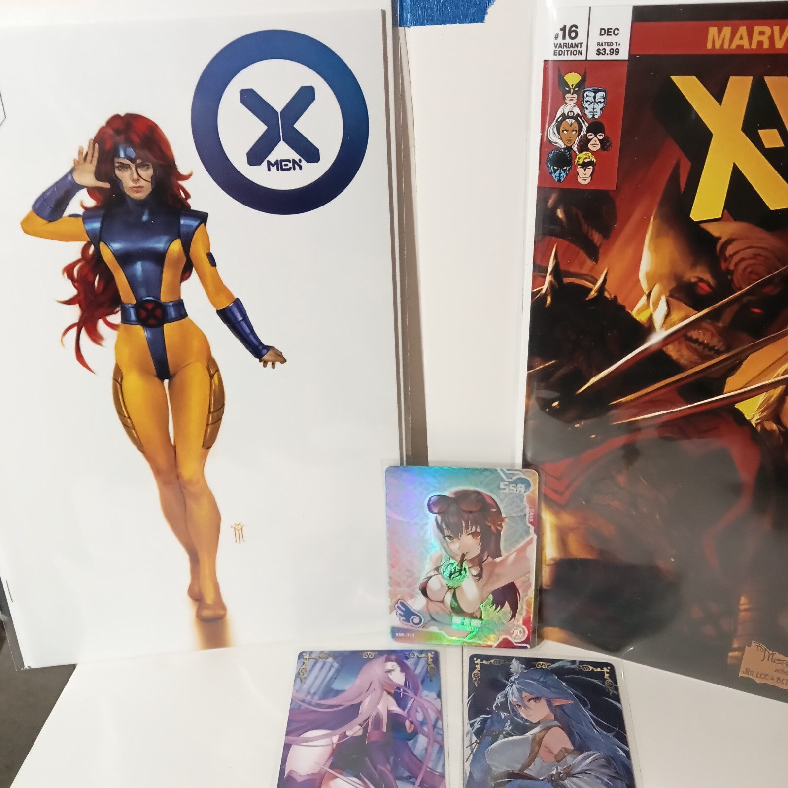 LOT OF 2 X-MEN MIGUEL MERCADO TRADE VARIANT COMICS + 3 GODDESS STORY HOLO CARDS