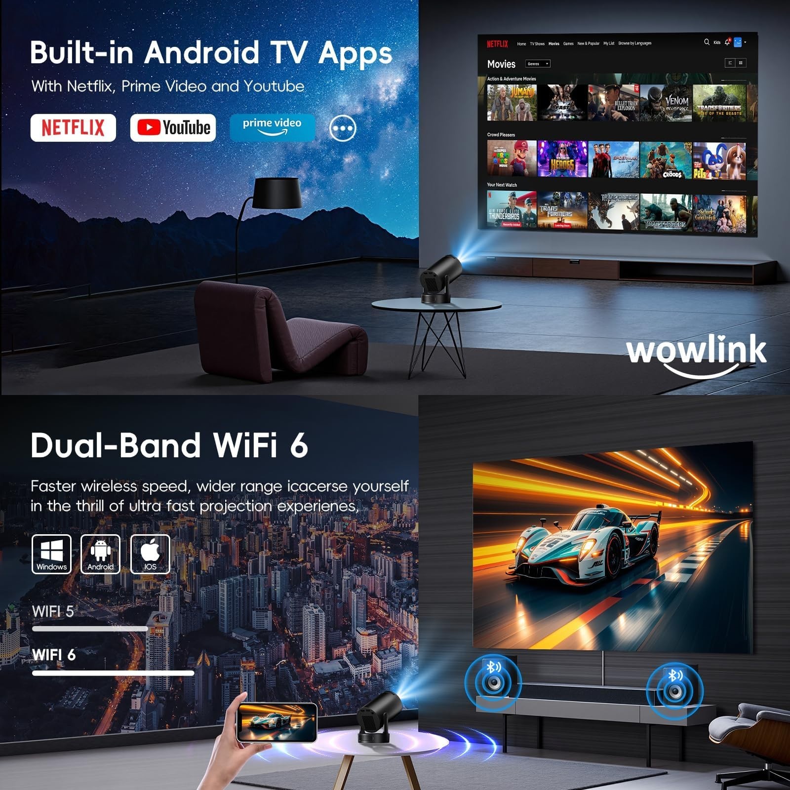 [Built-in Apps & 2025 Upgraded] Mini Projector with WiFi 6 and Bluetooth 5.4 Sup