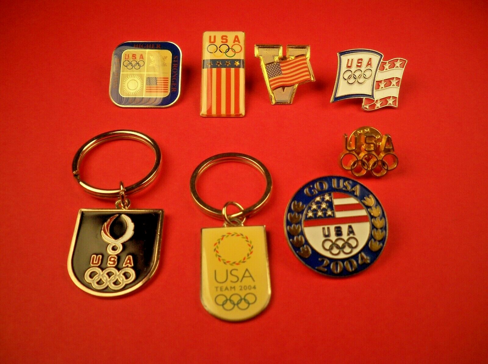 USA 2004 US Olympics Lapel/Hat Pins (6) / Key Chains (2), Lot of 8
