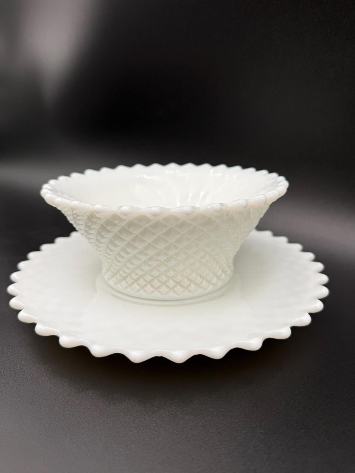 Vintage Westmoreland English Hobnail Milk Glass Bowl and Plate Set Scalloped Rim