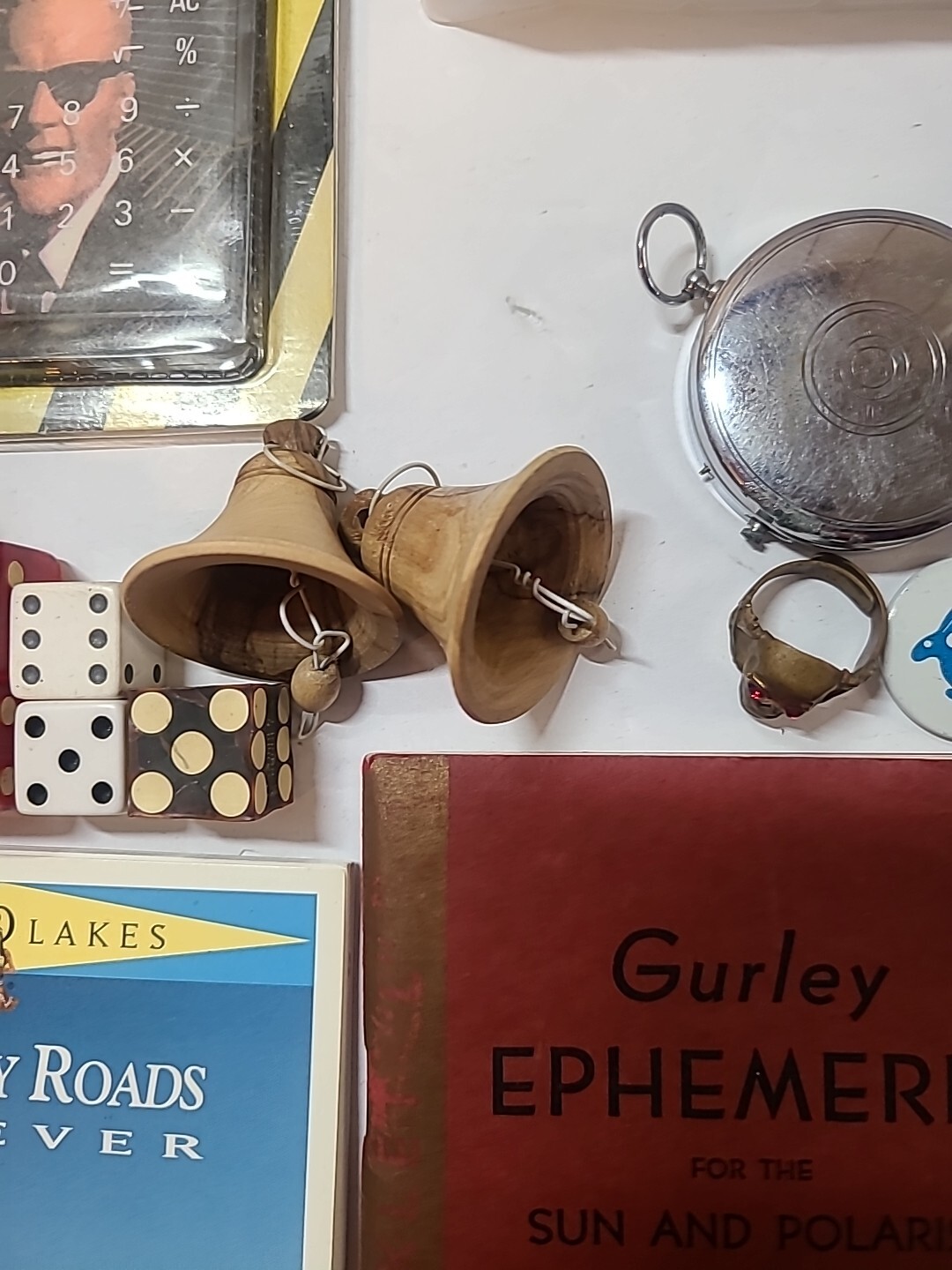 Lot Vintage Junk Drawer – Car Advertising Mr. Peanut, Compass Japan, Dice, Watch