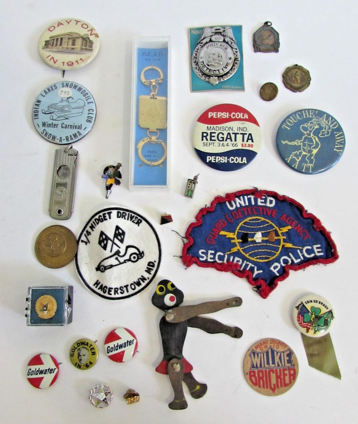 Junk Drawer Lot Goldwater Pins Masonic Detective Patch Chi Alpha Black Americana