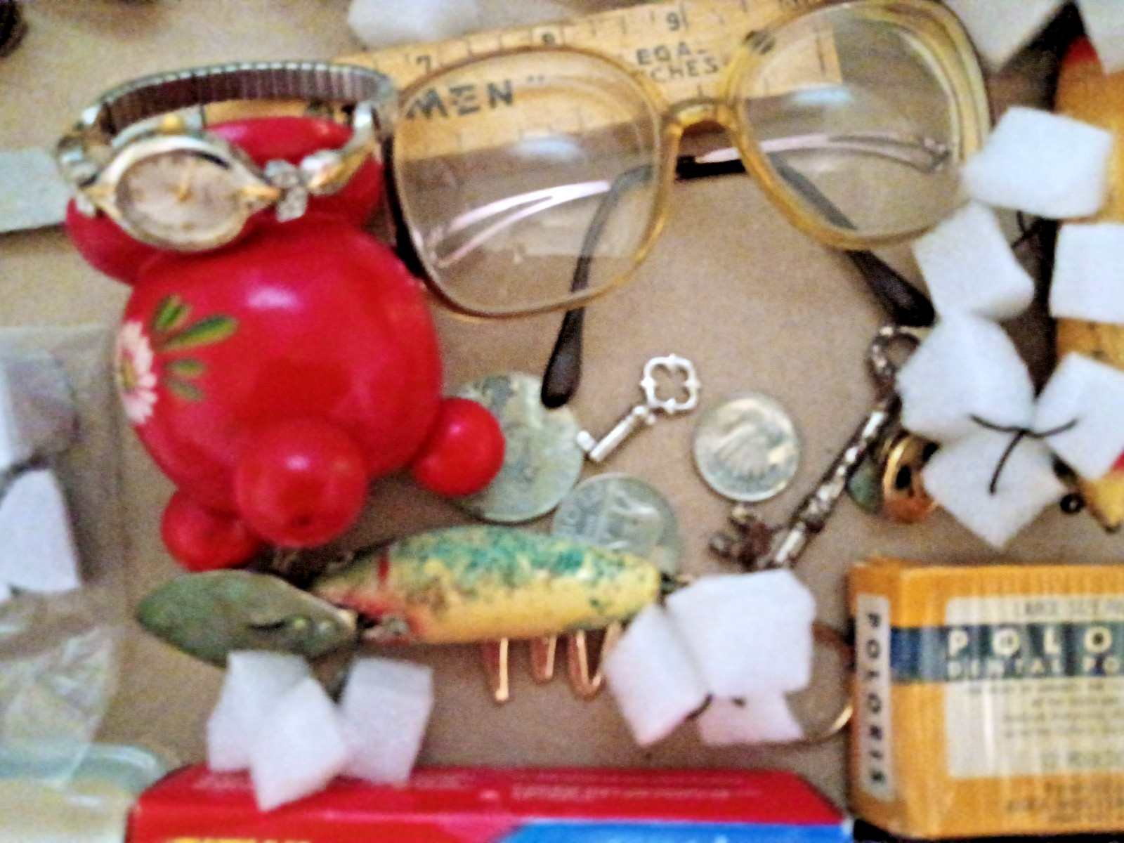 Junk Drawer Lot Vintage & Modern Lures Knives Tobacciana Ephemera Eyeglasses etc