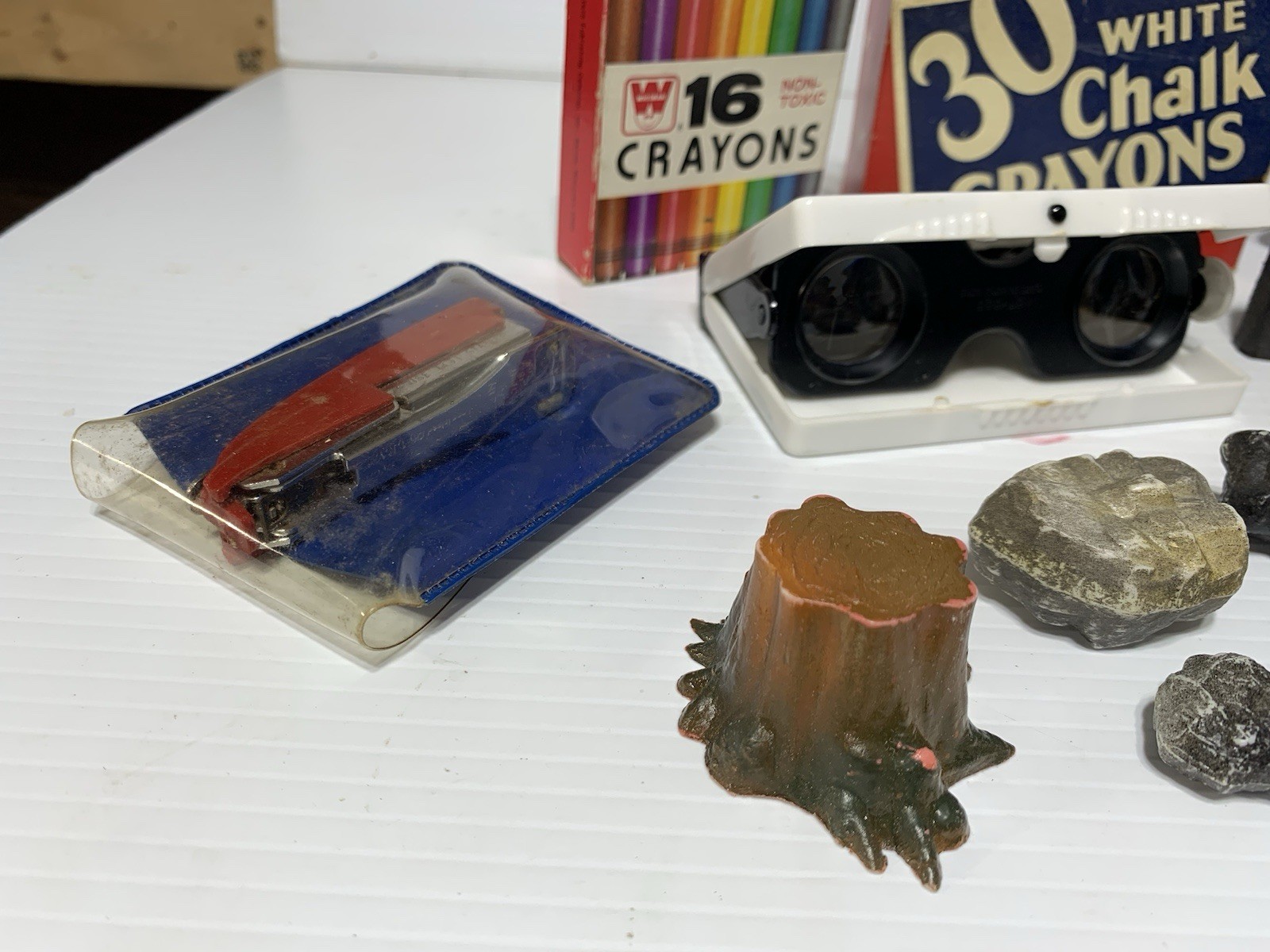 Vintage Junk Drawer Toy Lot 60’s 70’s Chalk Crayons Dice Plastic Rocks Figures +