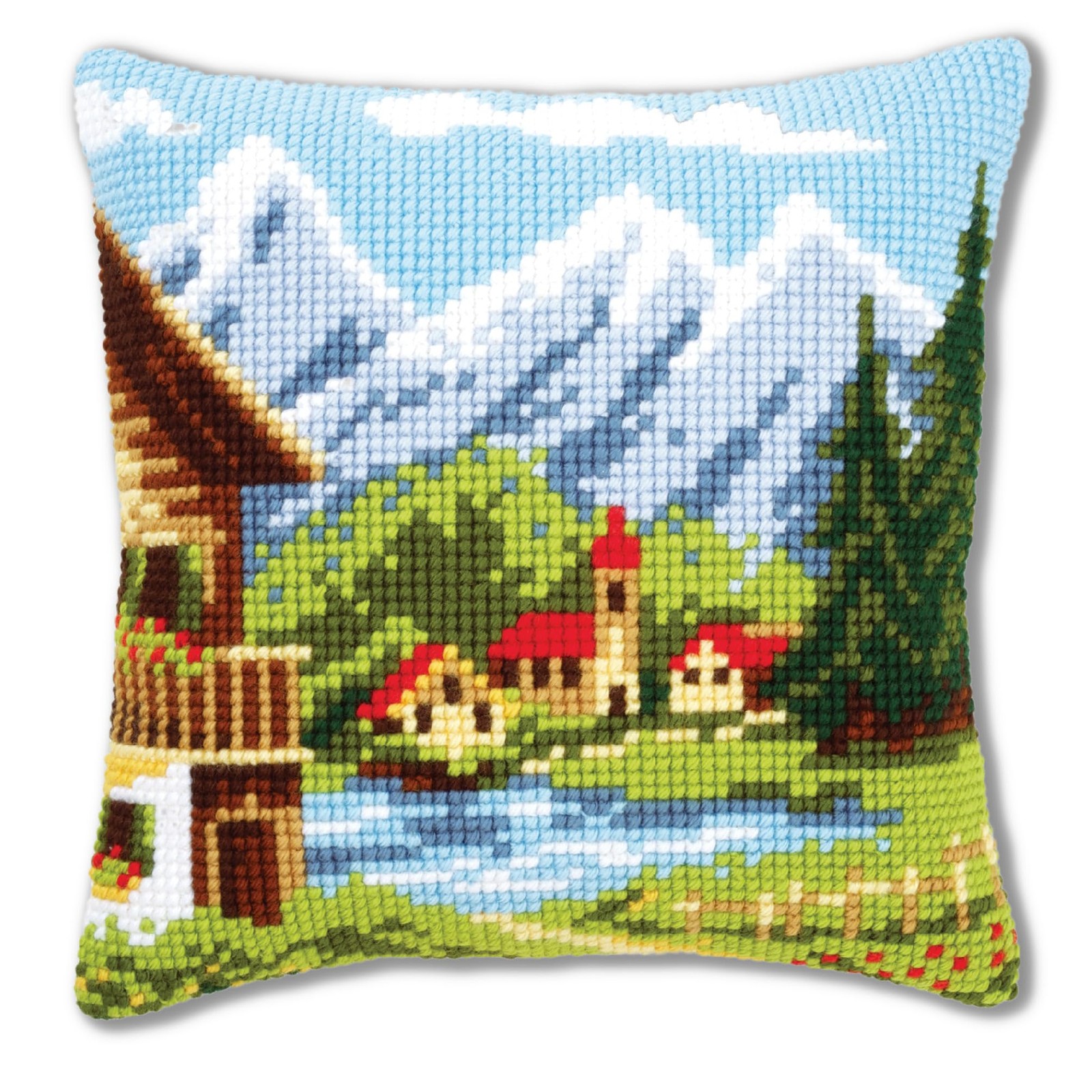 Vervaco Alpine Village Cross Stitch Pillow Front Kit 15.75×15.75in
