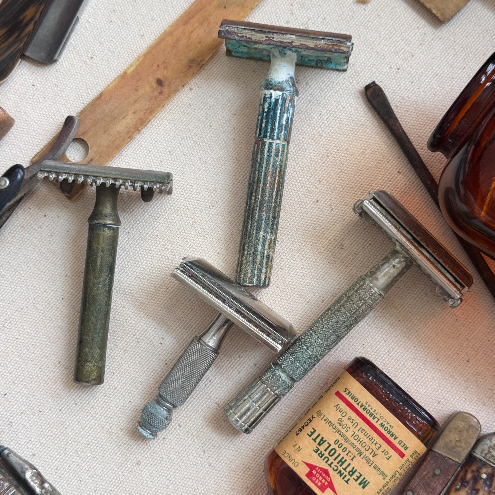 RARE Vtg Gentleman’s Junk Drawer Lot Shadow Box 30pc Shaving Apothecary Display