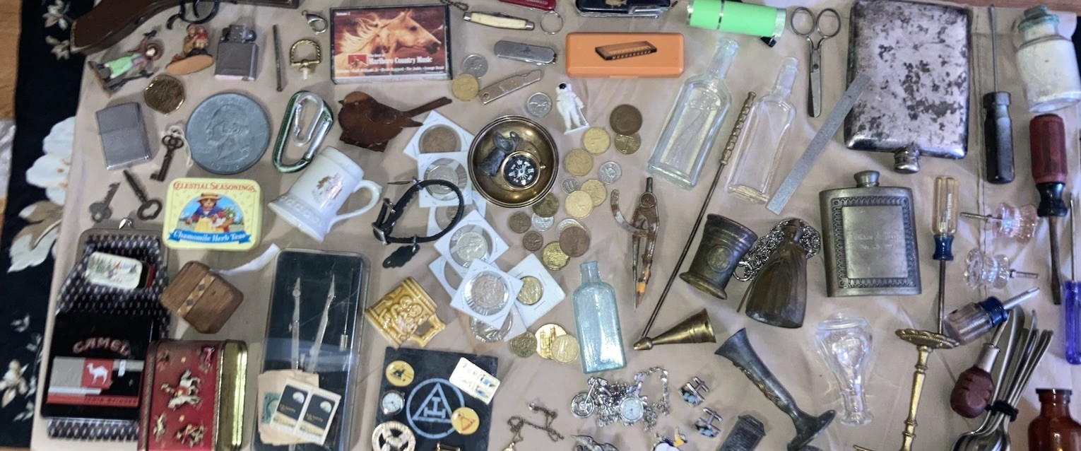 Mixed Vintage Collectibles Lot Coins Jewelry Lighters Knives Bottles Tins Brass