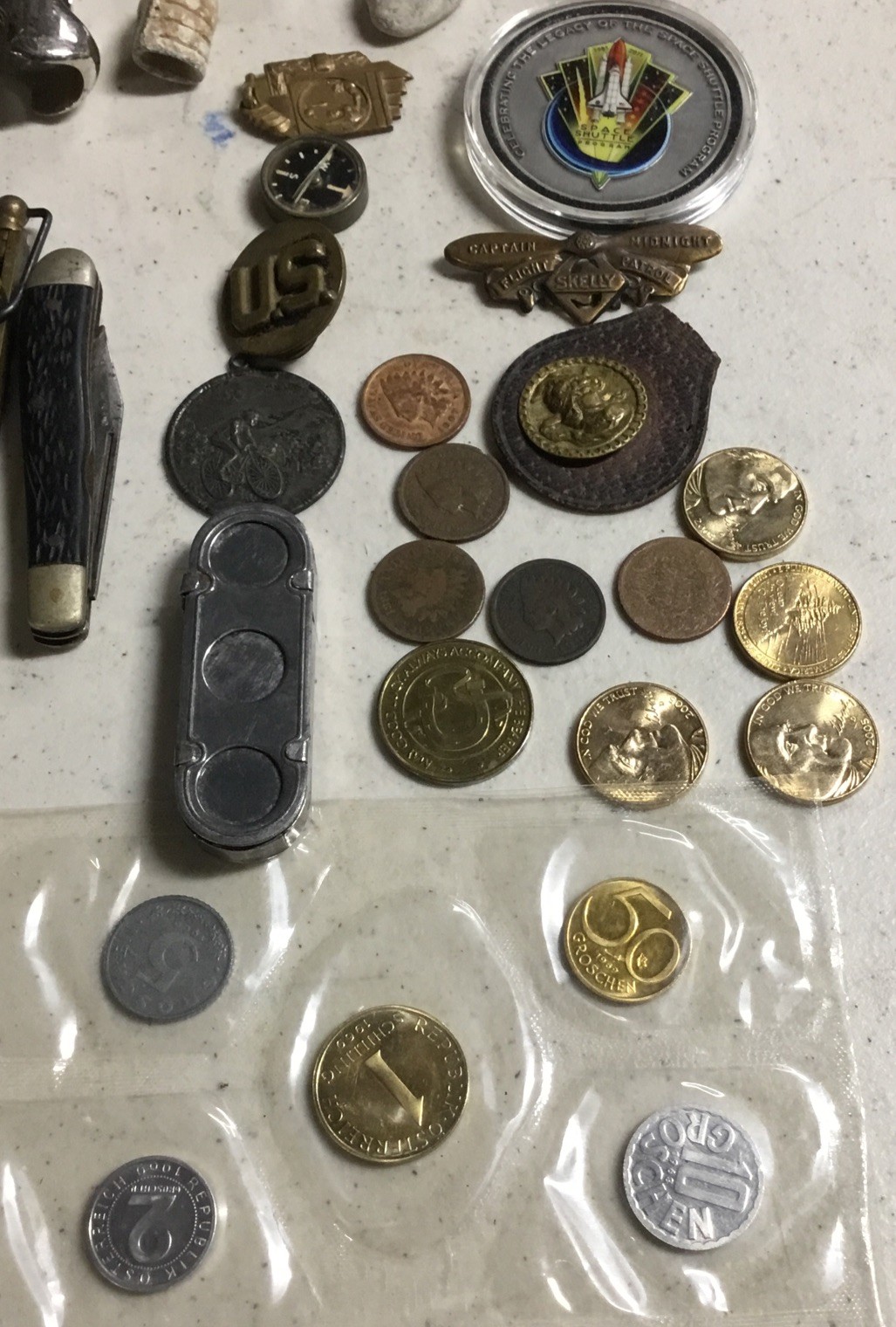 JUNK DRAWER lot Militaria Watches Knives Lighters Coins Tokens Vial of Gold
