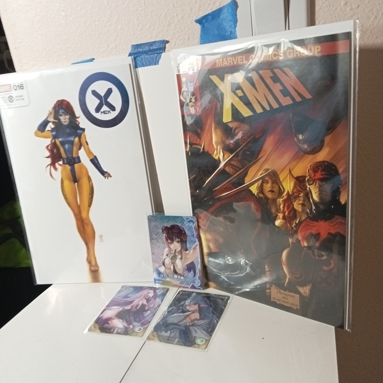 LOT OF 2 X-MEN MIGUEL MERCADO TRADE VARIANT COMICS + 3 GODDESS STORY HOLO CARDS