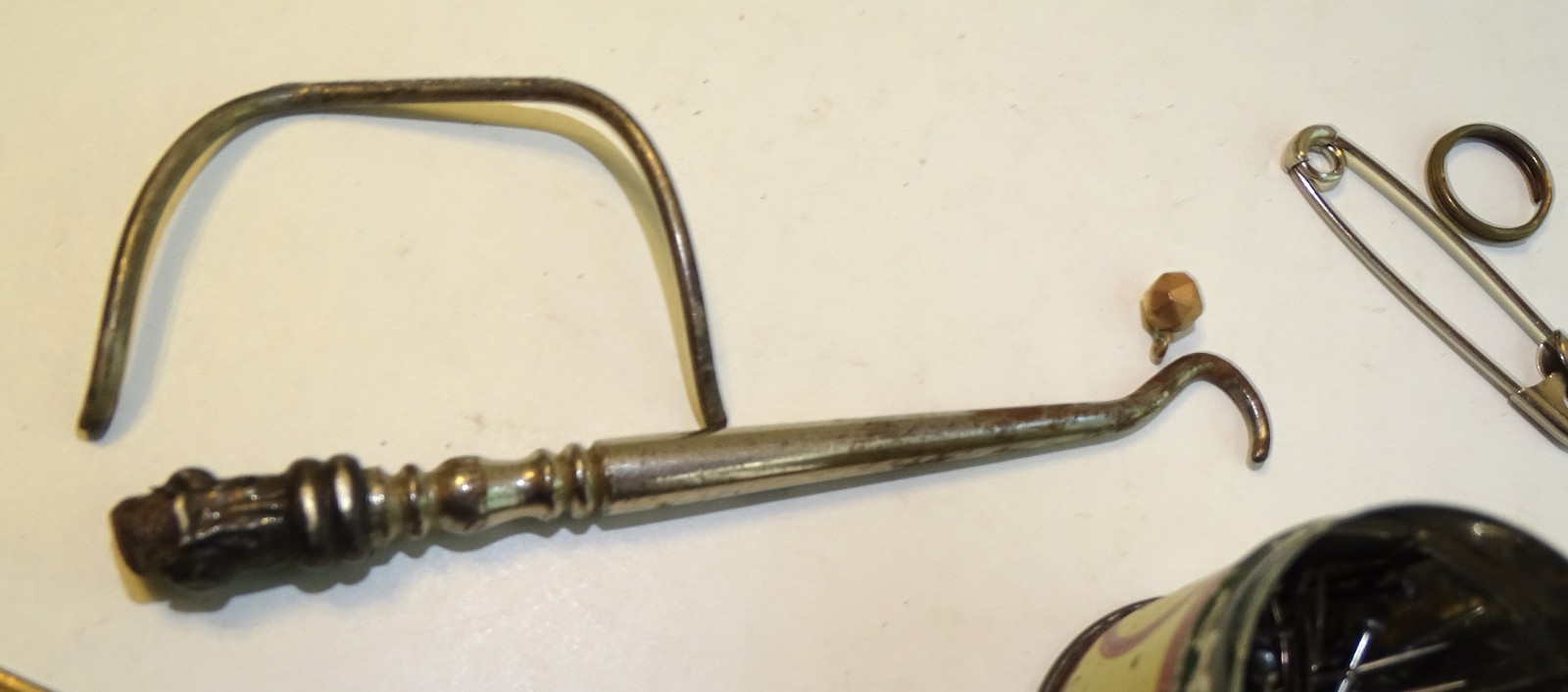 Junk found at estate sale; button hook, Keys, Rings, Shield Pin, Boot Charm, etc