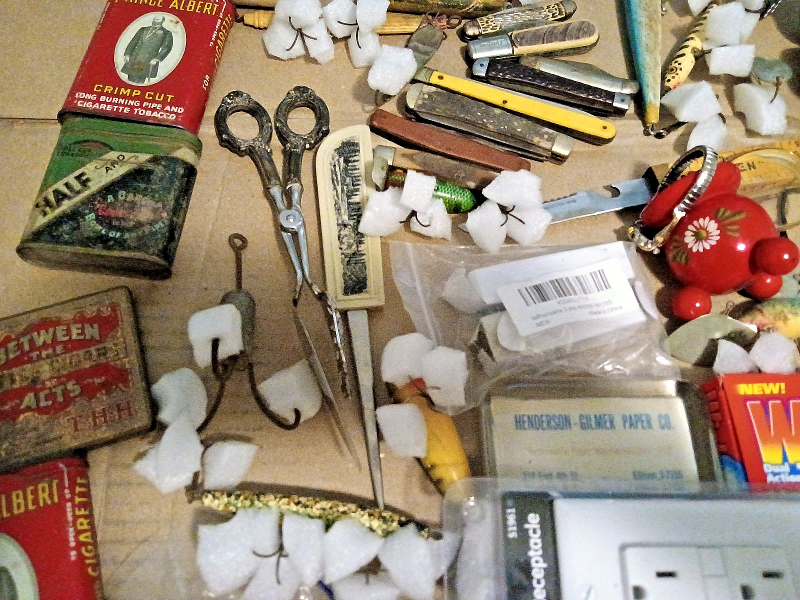 Junk Drawer Lot Vintage & Modern Lures Knives Tobacciana Ephemera Eyeglasses etc