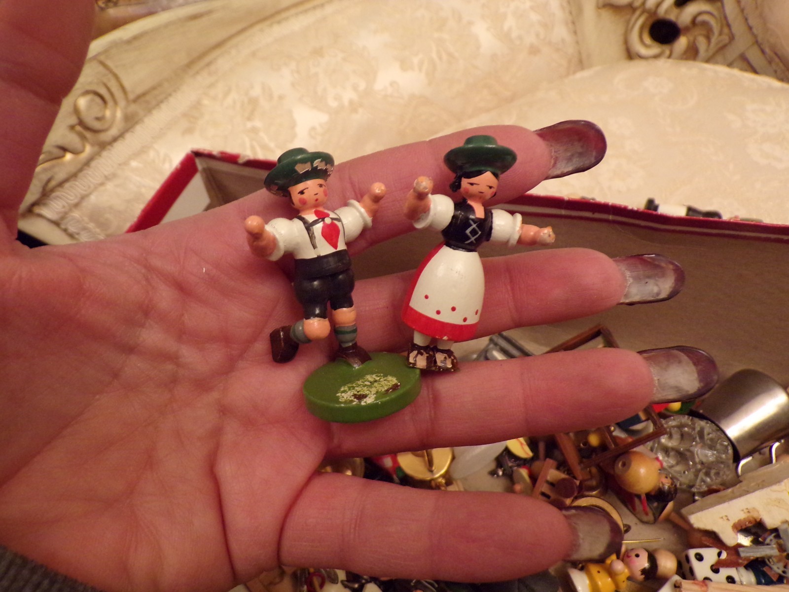 VTG Large Box of Miniatures Wooden Ornaments, Glass Figurine and Metal