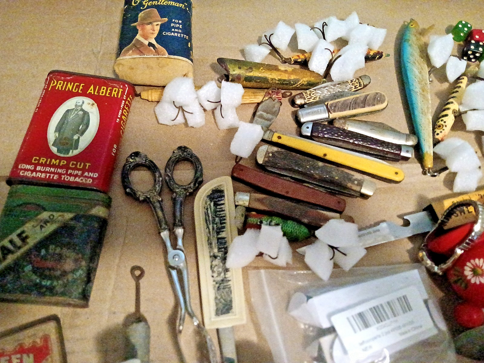 Junk Drawer Lot Vintage & Modern Lures Knives Tobacciana Ephemera Eyeglasses etc