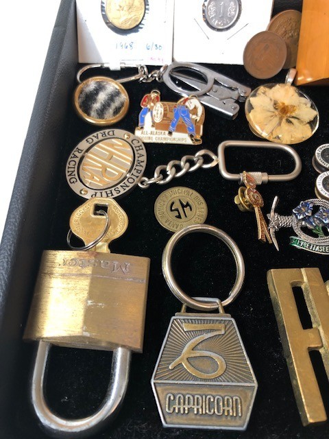 Junk Drawer Lot estate coins keychains pins box keys brass belt buckle stamps