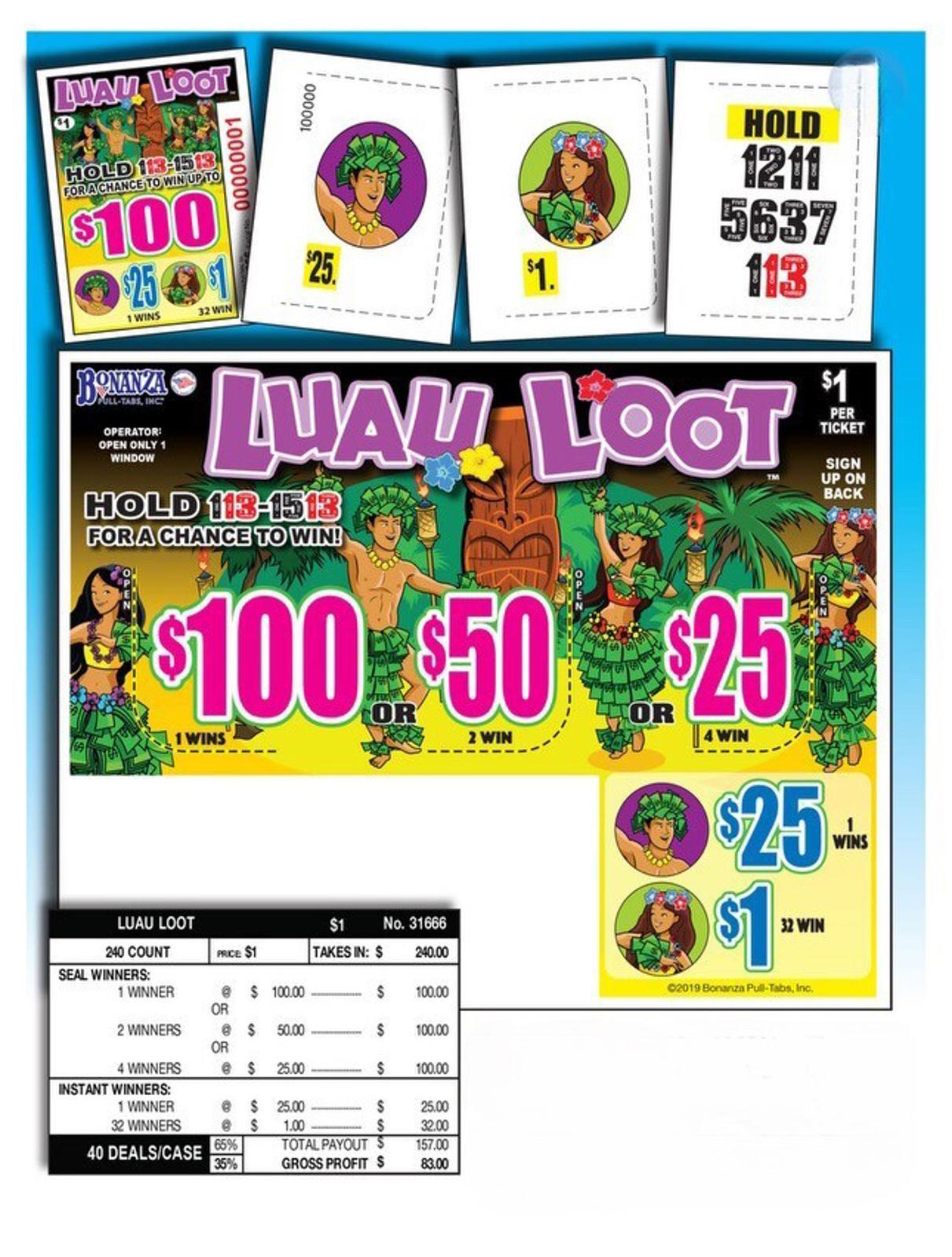 Pull Tab Ticket- Hard Card Tickets – Game – 5 Pack Luau Loot 240 ct