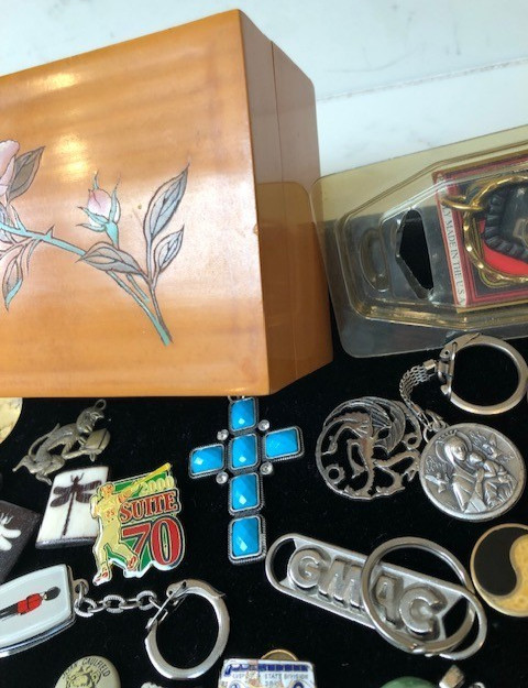 Junk Drawer Lot estate coins keychains pins box keys brass belt buckle stamps