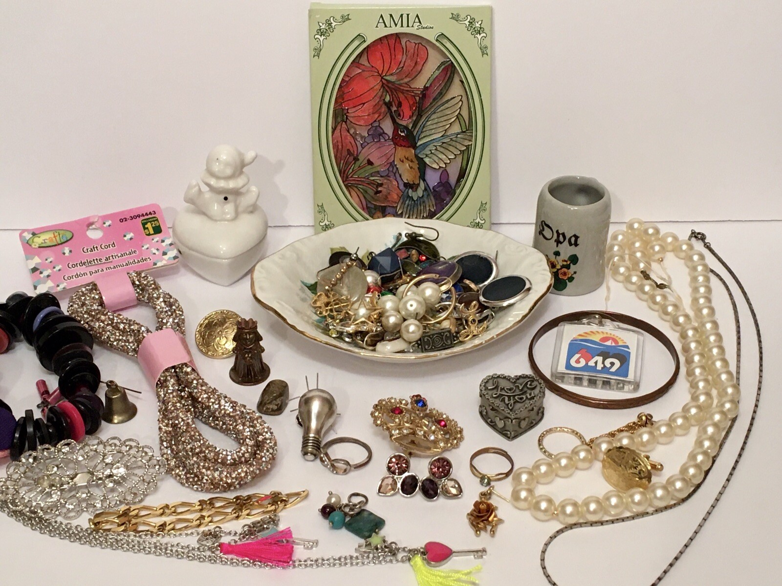 Vintage To Now Junk Drawer Lot Jewelry Porcelain China Pins Single Earrings More