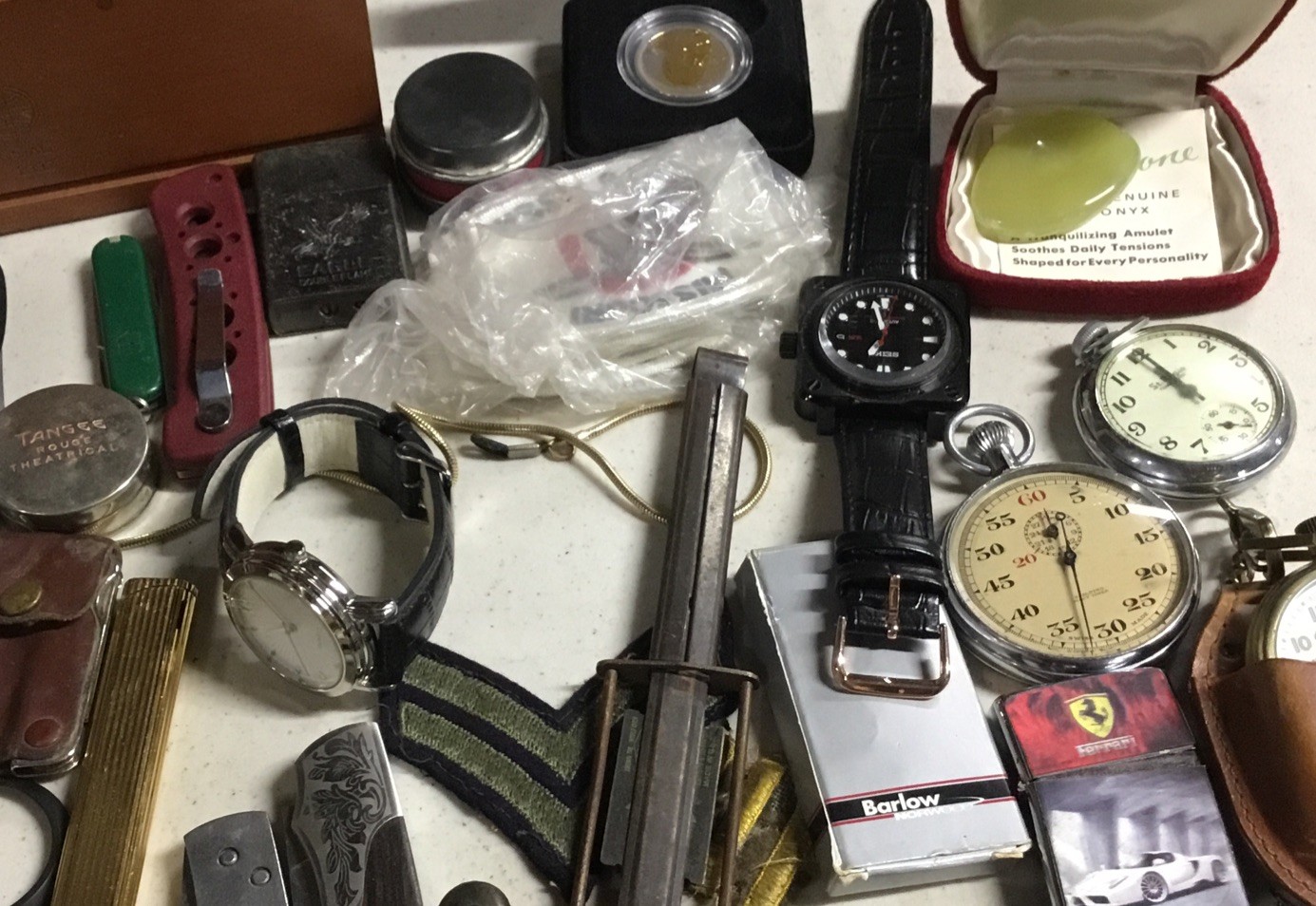 JUNK DRAWER lot Militaria Watches Knives Lighters Coins Tokens Vial of Gold
