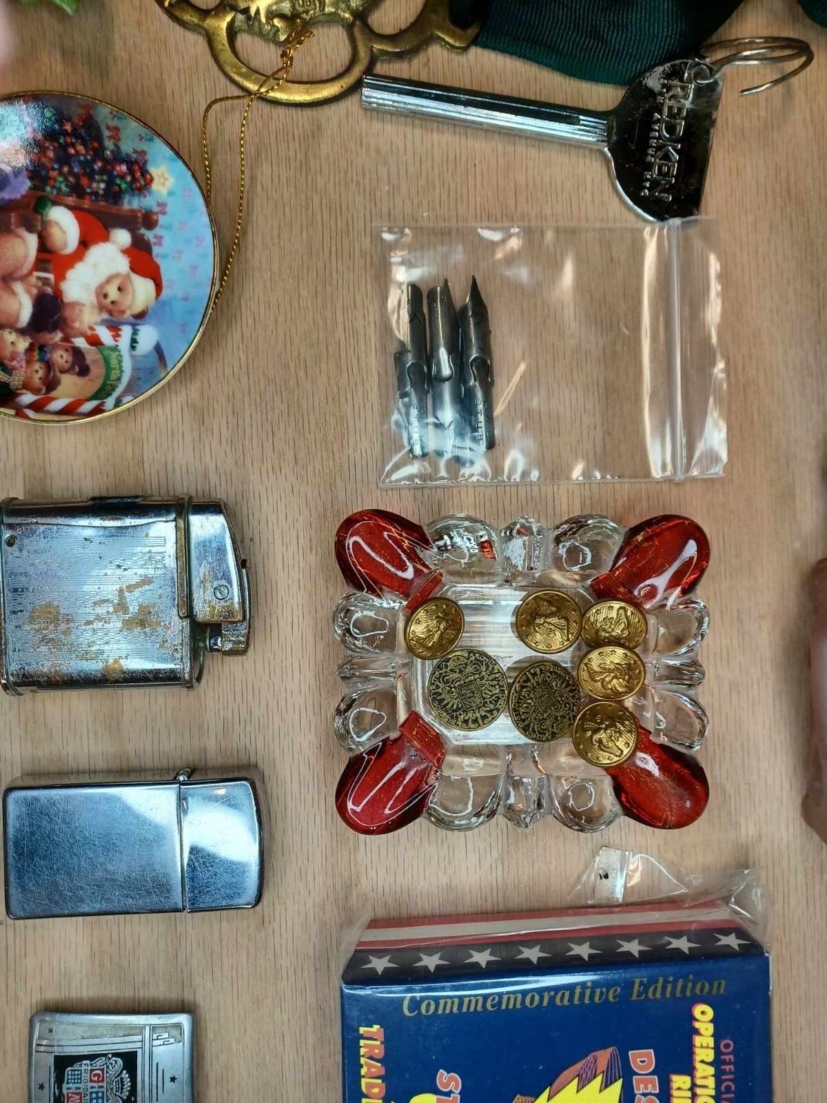 Vintage Junk Drawer Lot Military Buttons Zippo Space Shuttle Cup Lot