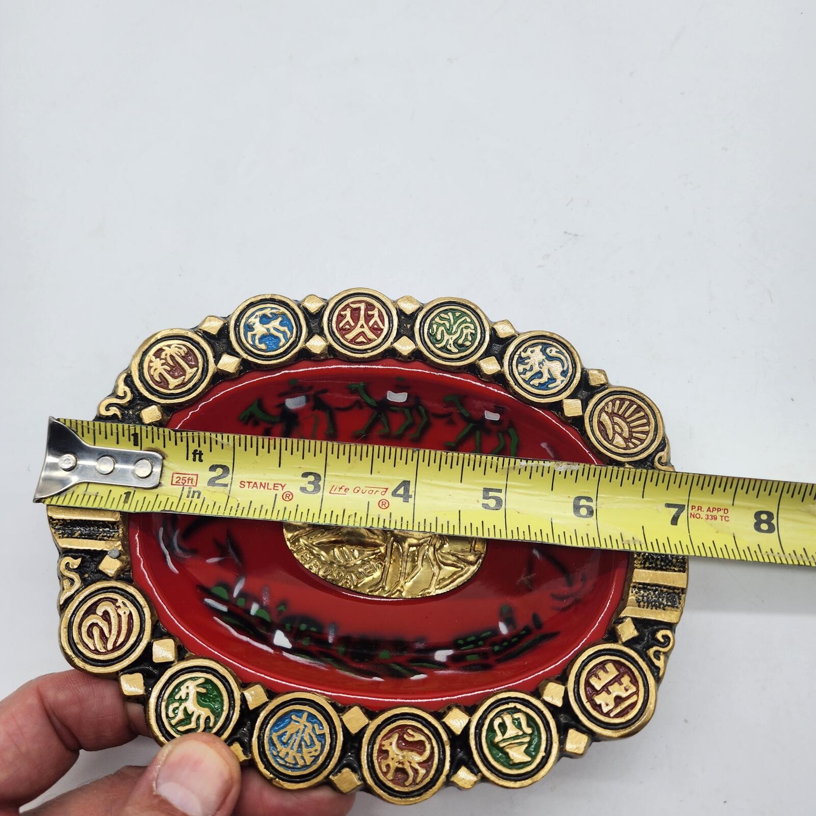 Vintage Greek Mythology Plaque Trinket Dish Red Gold Classical Chariot Scene