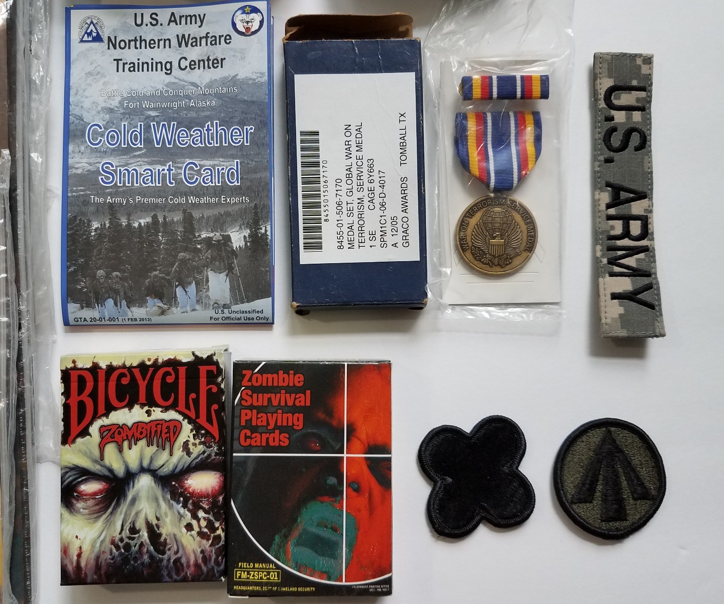 Junk Drawer Lot Army Patches Sony Radio Pins Cards Coins Military Medal Magazine