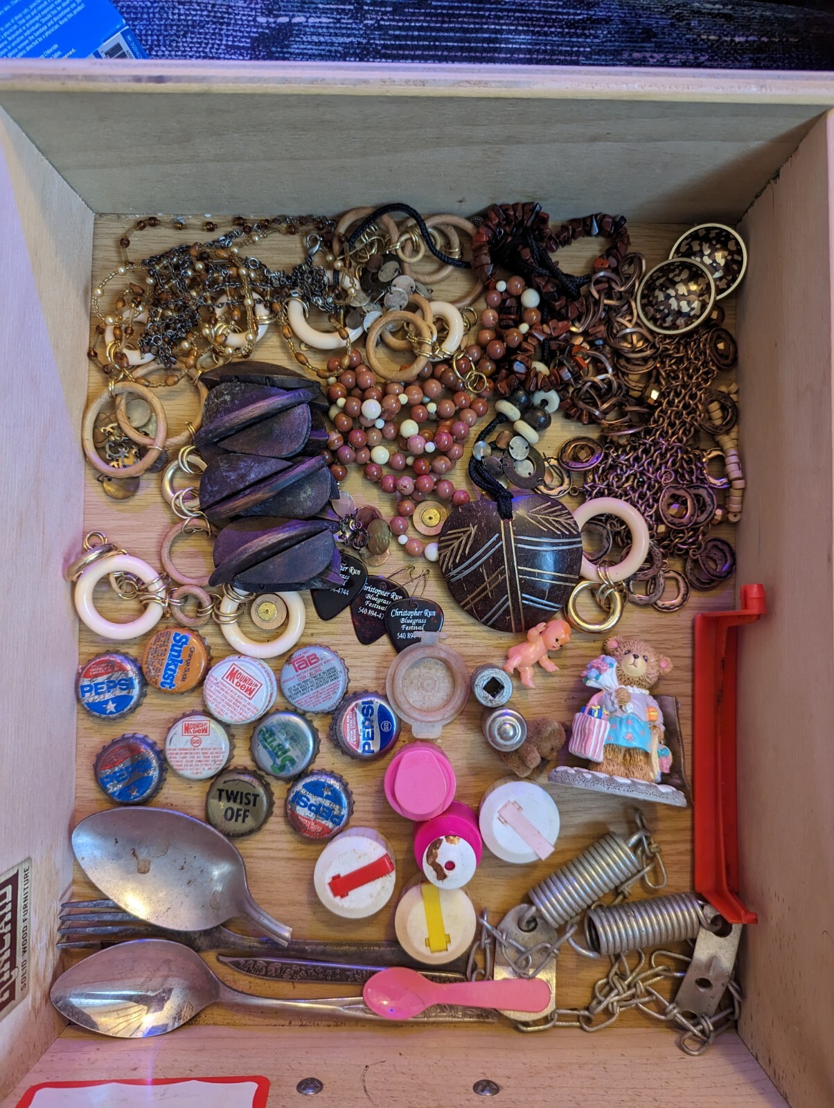 Junk drawer lot Vintage SODA LIDS unidentified BROWN BEIGE TAN JEWELRY mini toys