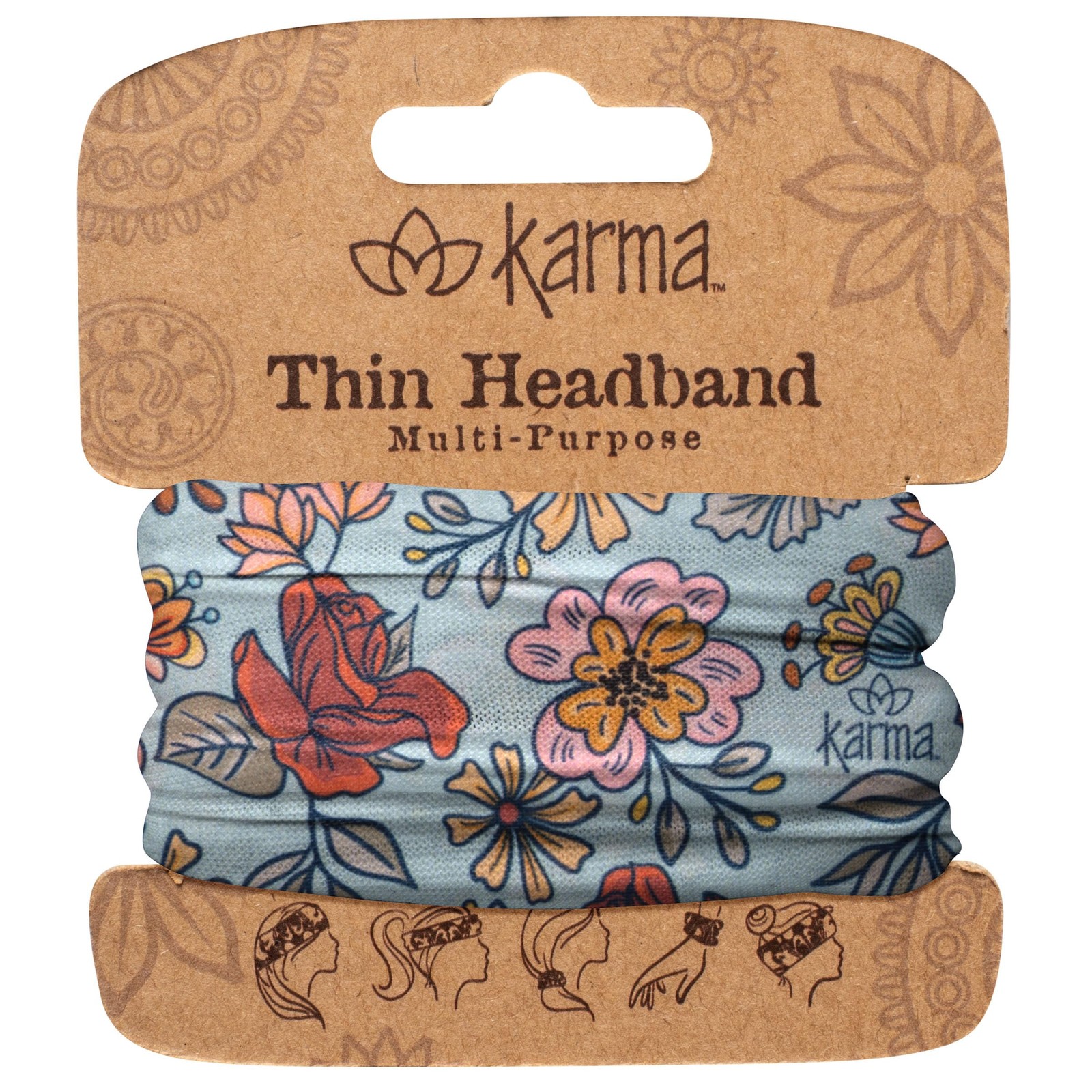 Karma Headband Stretchy Hair Scarf Blue Floral Beads Cord Standard Decorative